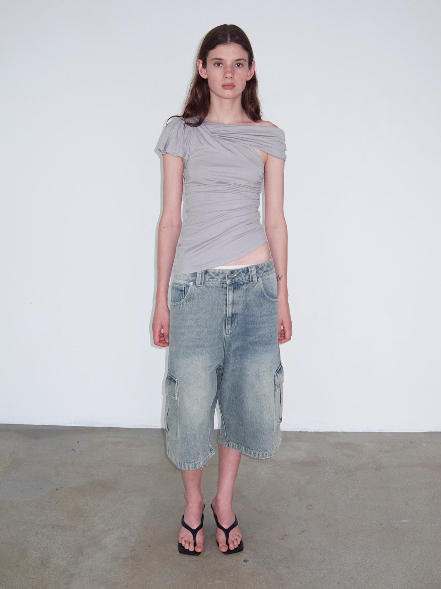 Delivery Vintage Light Blue Washed Denim Cargo Shorts Unisex