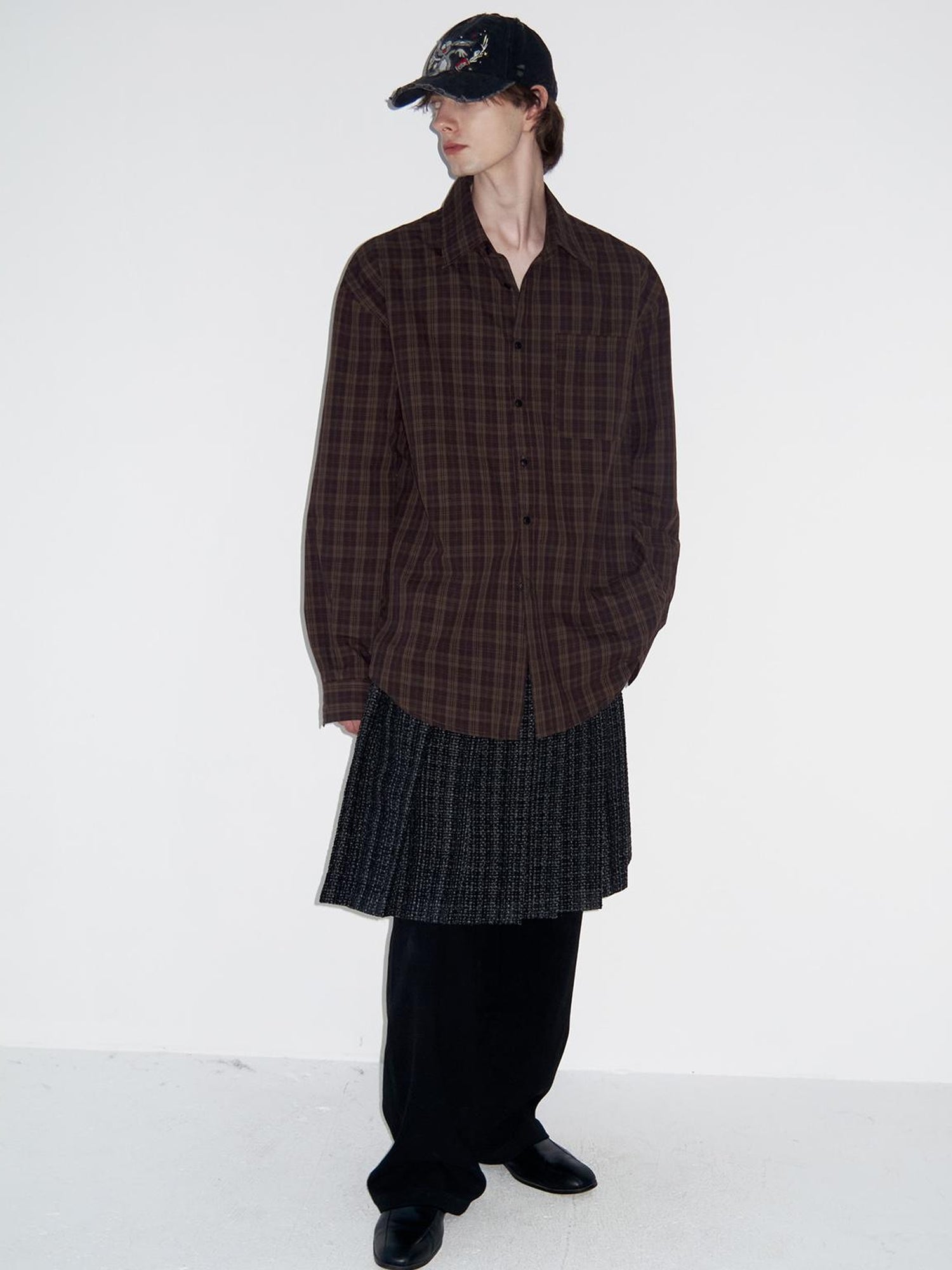 Delivery Vintage Plaid Red Brown Loose FiT-shirt