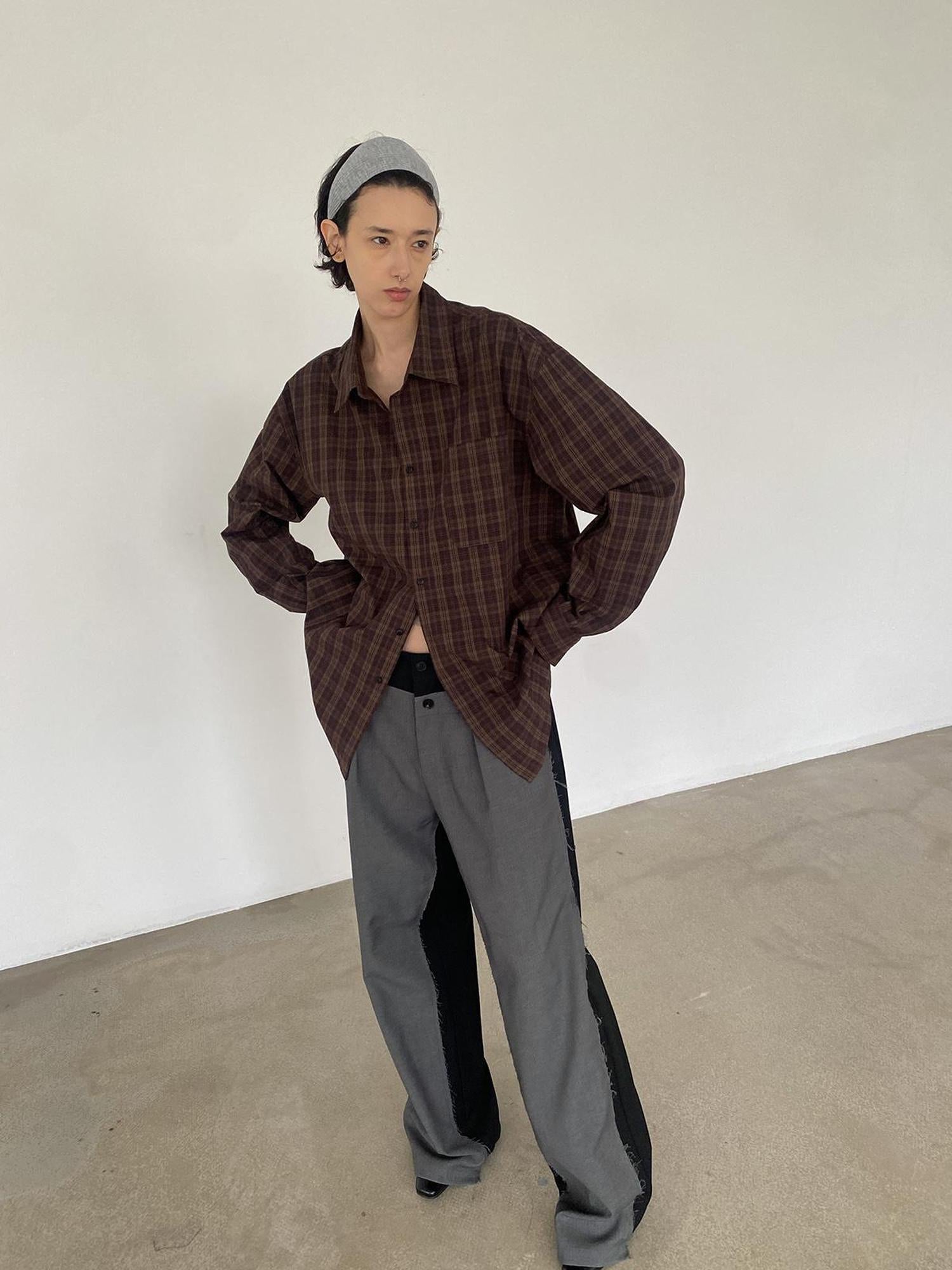 Delivery Vintage Plaid Red Brown Loose FiT-shirt