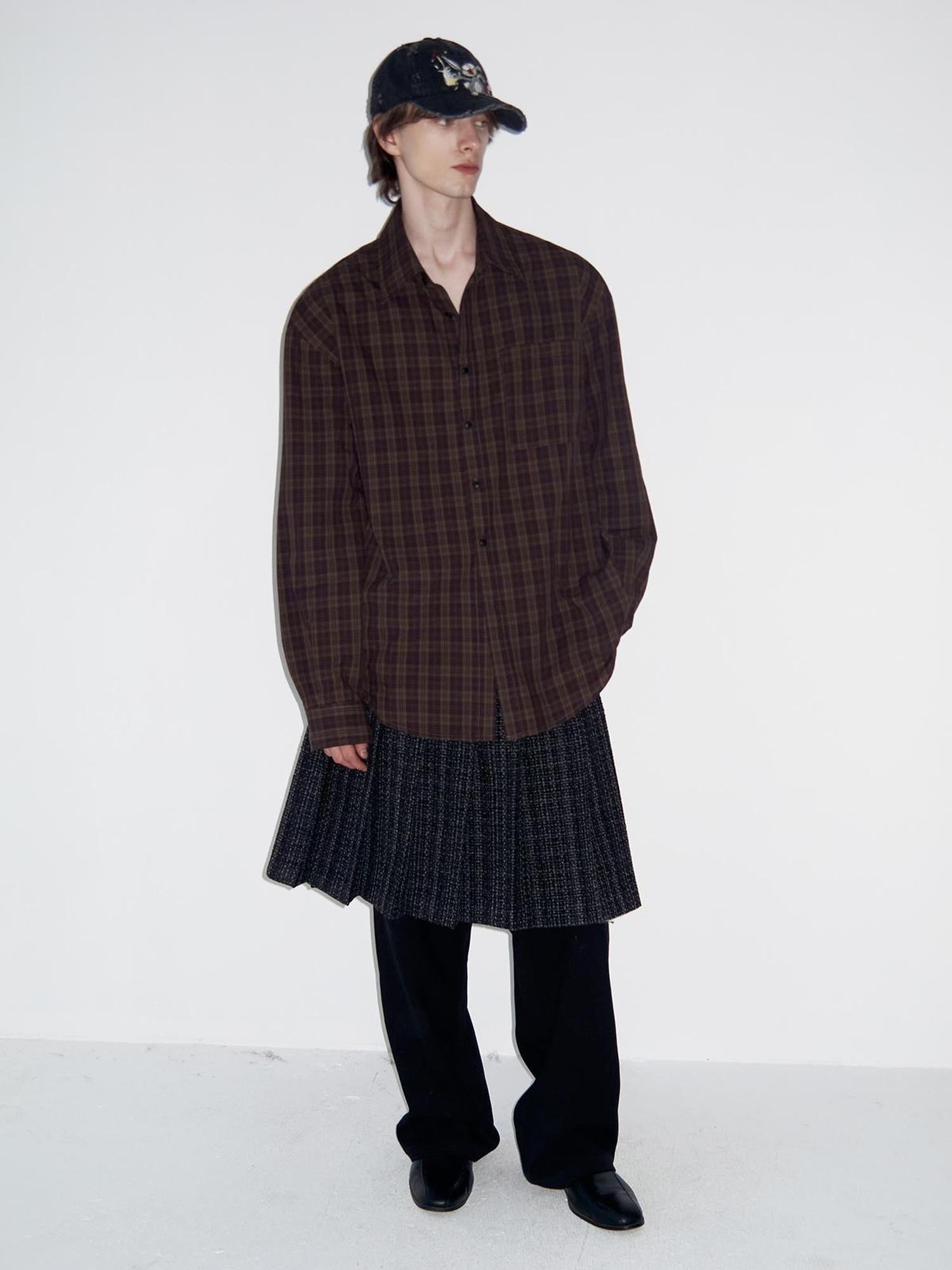 Delivery Vintage Plaid Red Brown Loose FiT-shirt