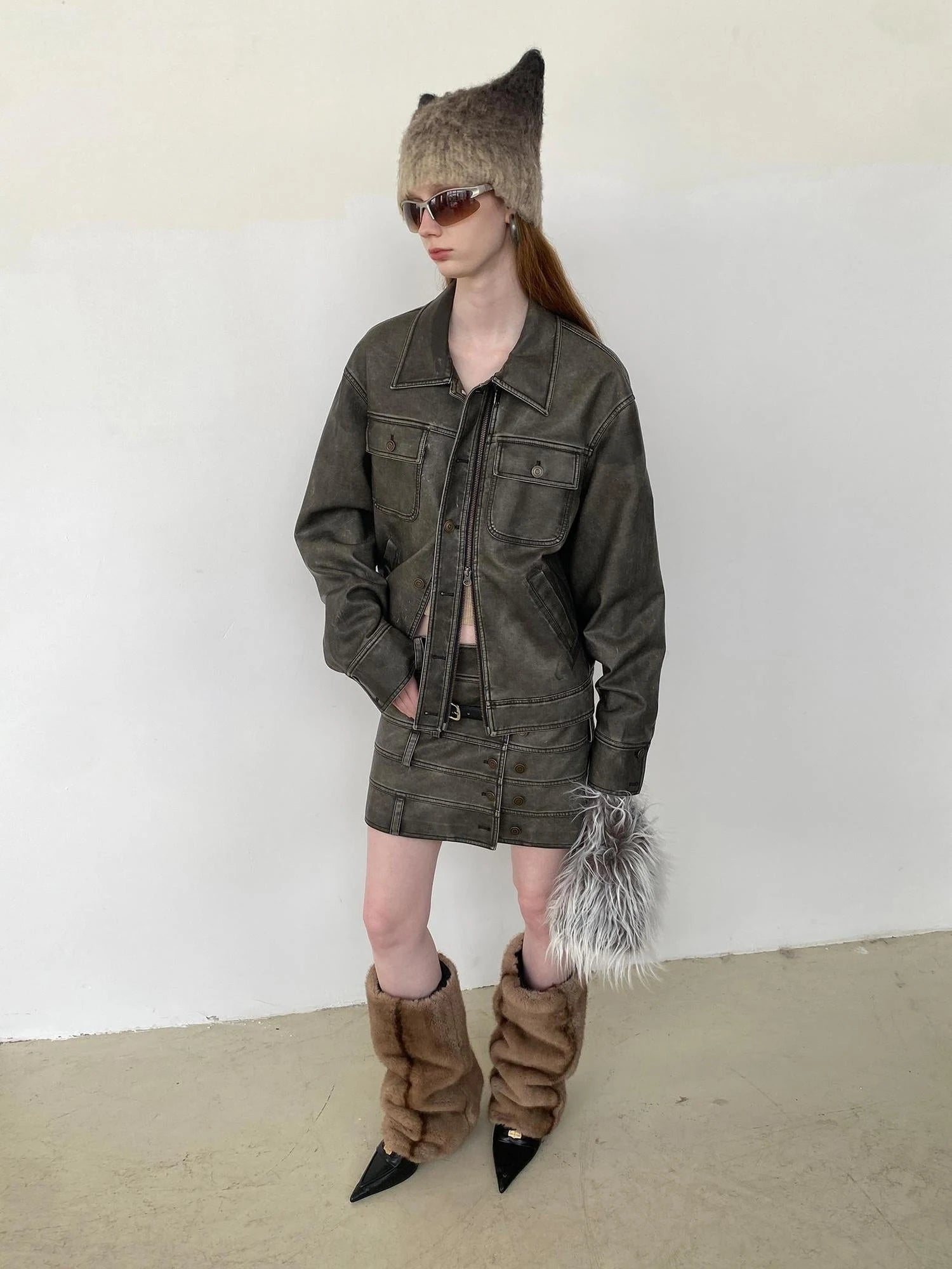 Vintage Washed Biker Jacket Layered Waistband Mini Skirt Set