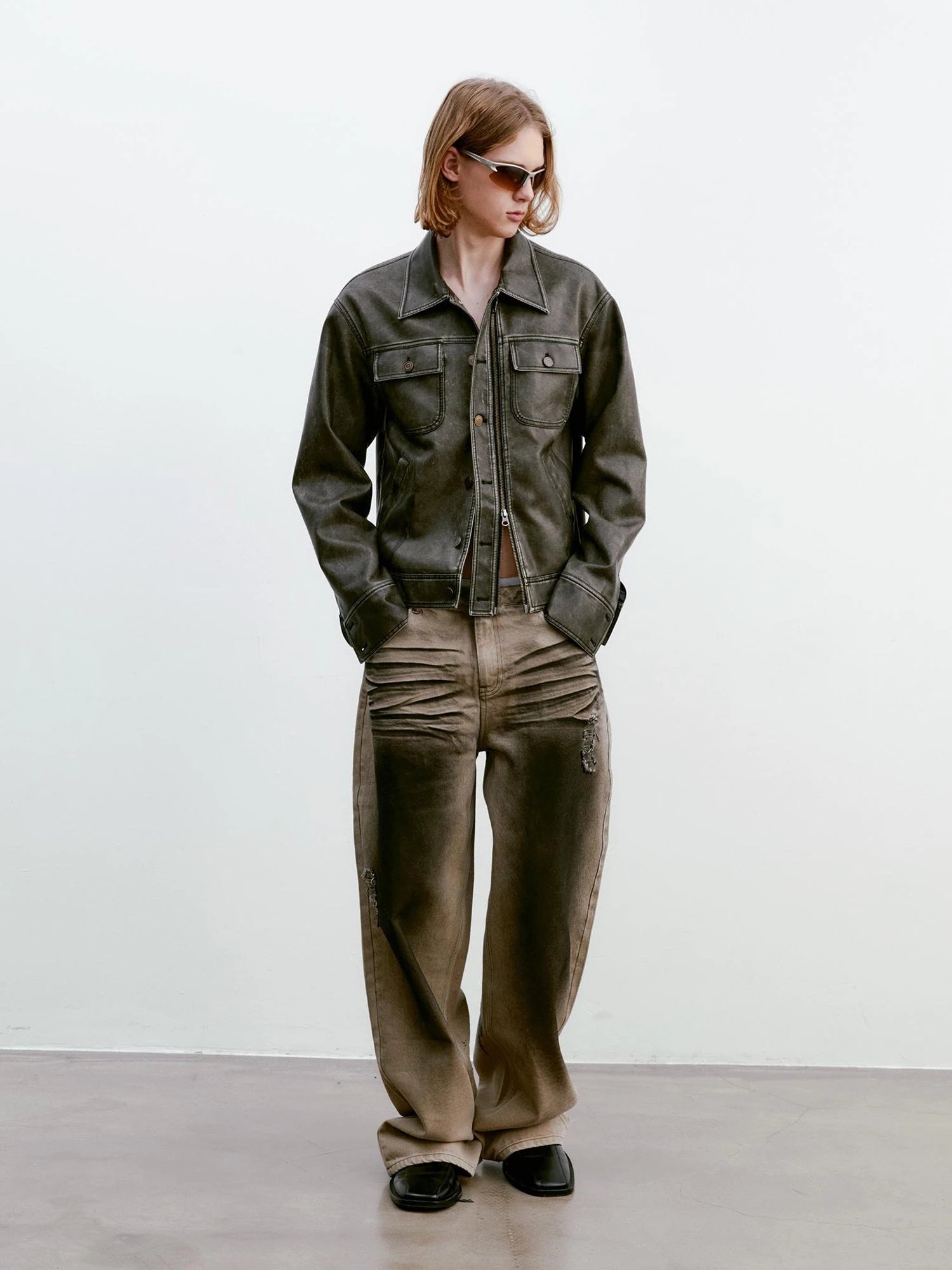 Vintage Washed Biker Jacket Layered Waistband Mini Skirt Set