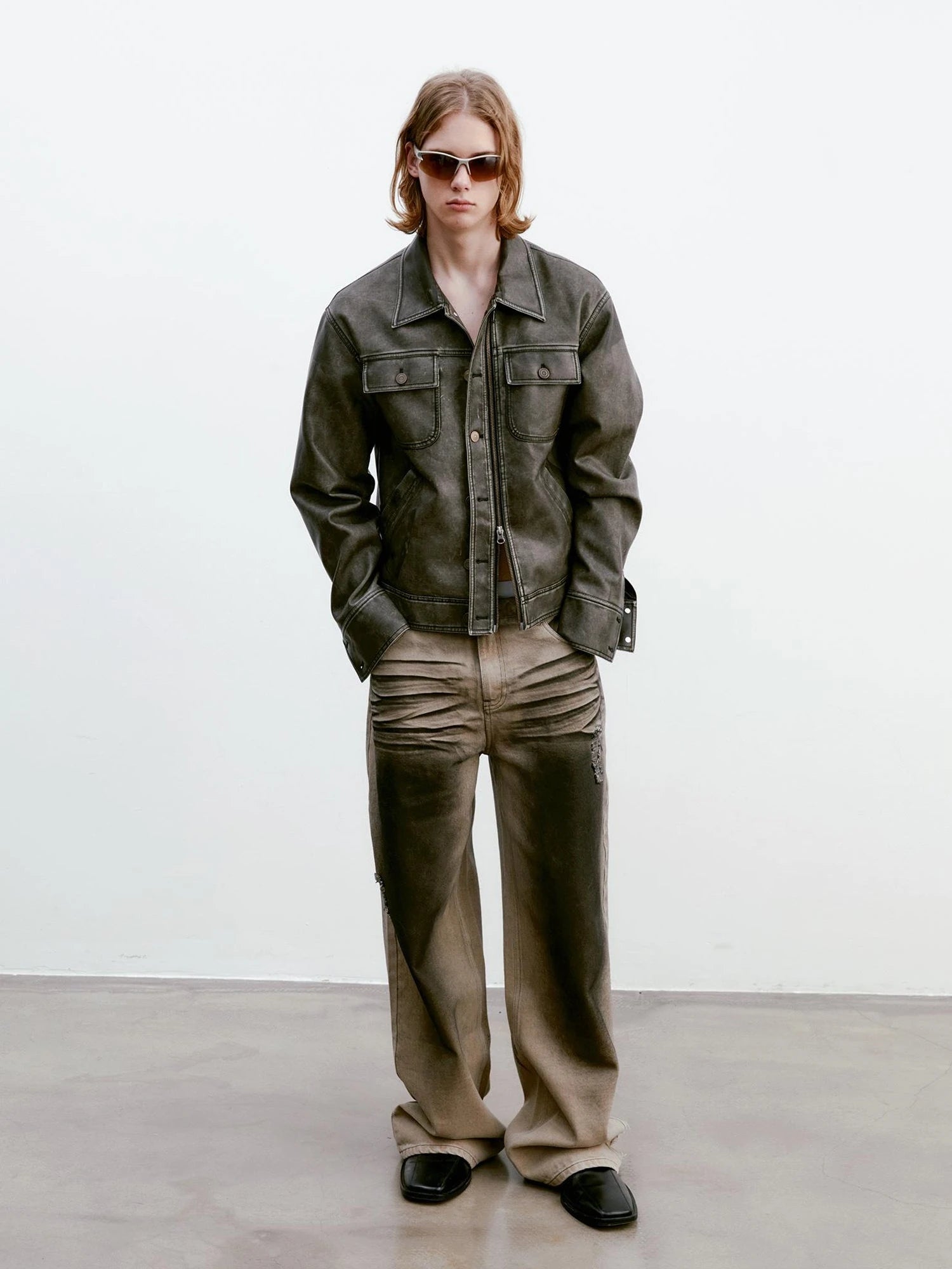 Vintage Washed Biker Jacket Layered Waistband Mini Skirt Set