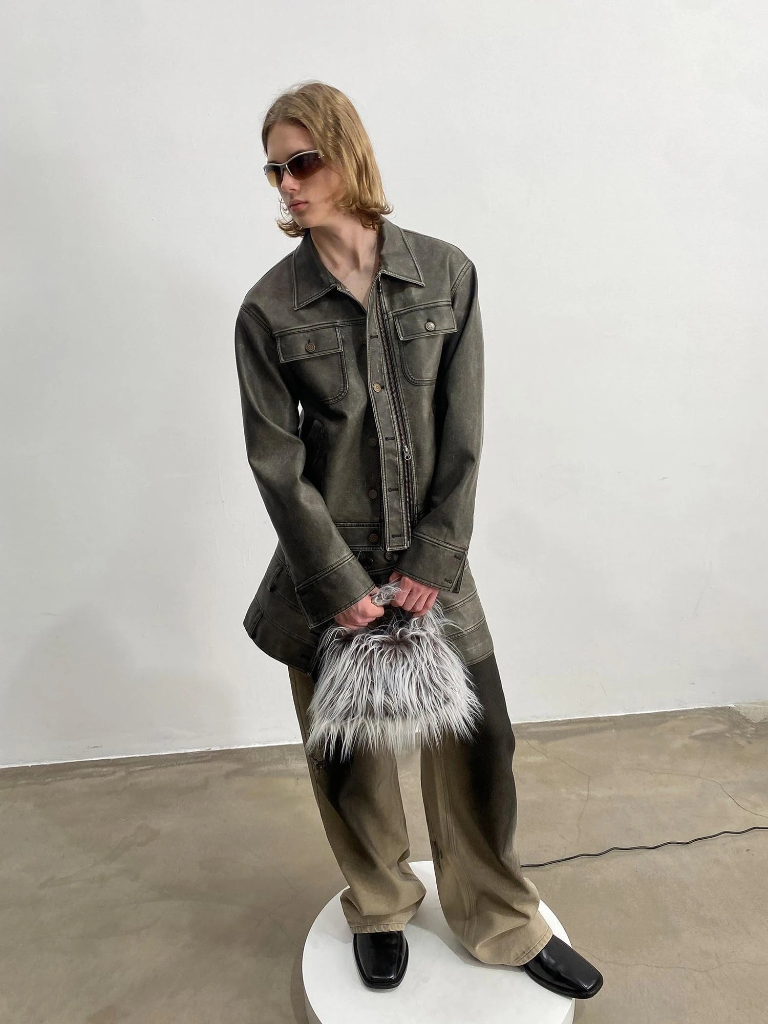 Vintage Washed Biker Jacket Layered Waistband Mini Skirt Set