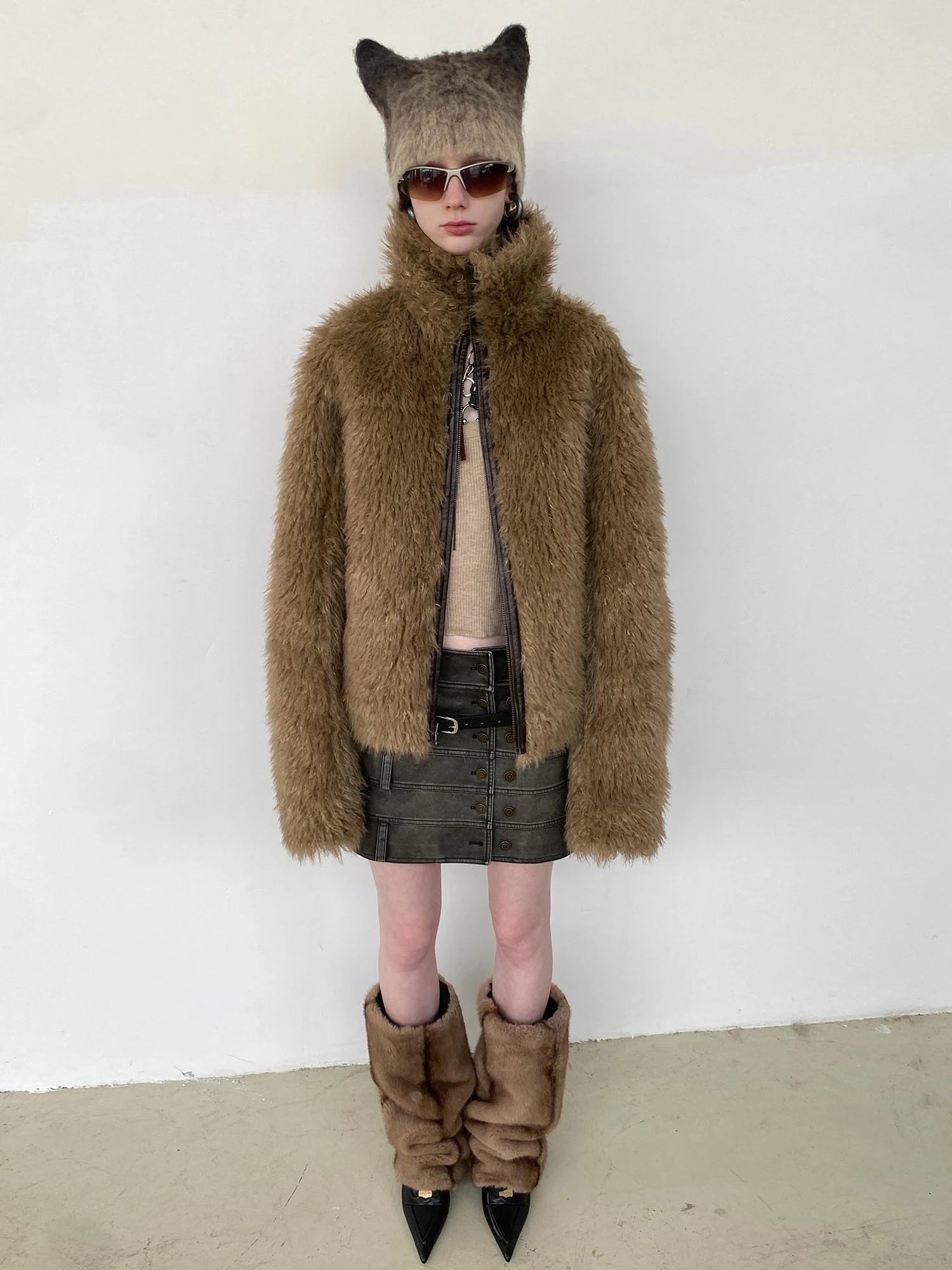 Vintage Washed Biker Jacket Layered Waistband Mini Skirt Set