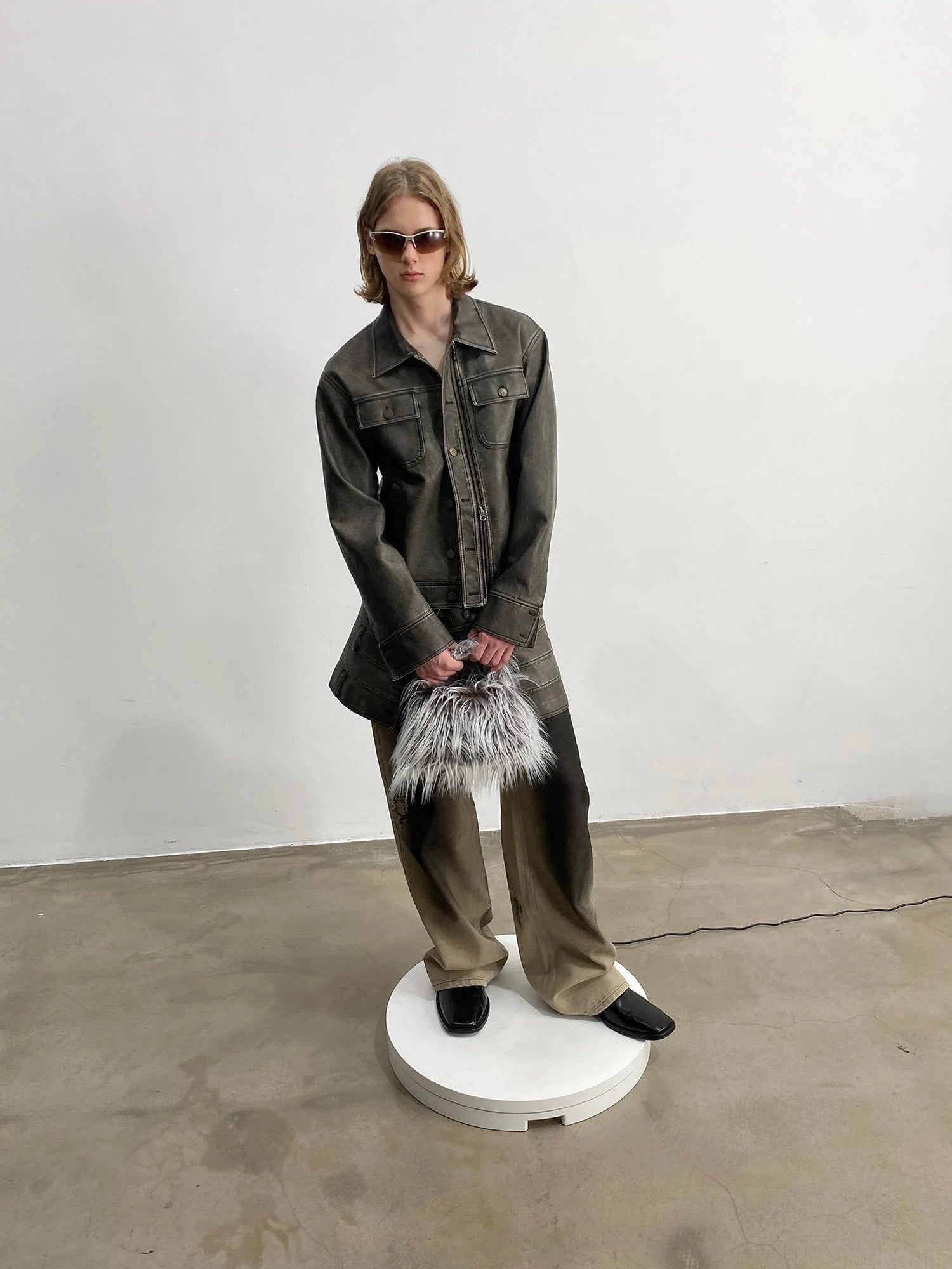 Vintage Washed Biker Jacket Layered Waistband Mini Skirt Set