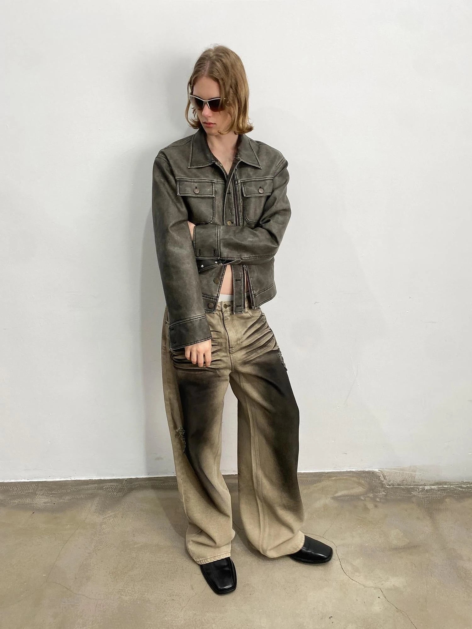 Vintage Washed Biker Jacket Layered Waistband Mini Skirt Set