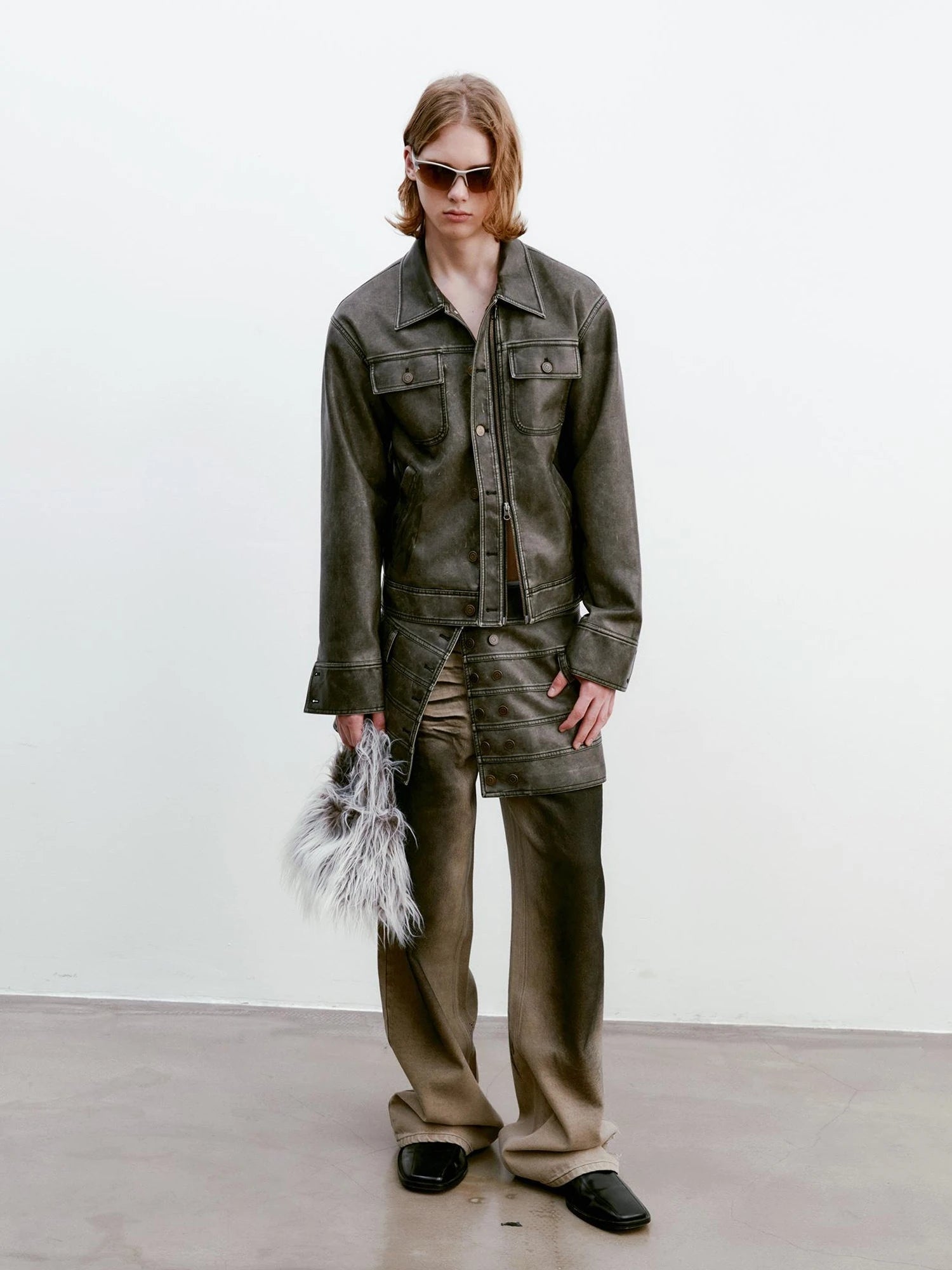 Vintage Washed Biker Jacket Layered Waistband Mini Skirt Set