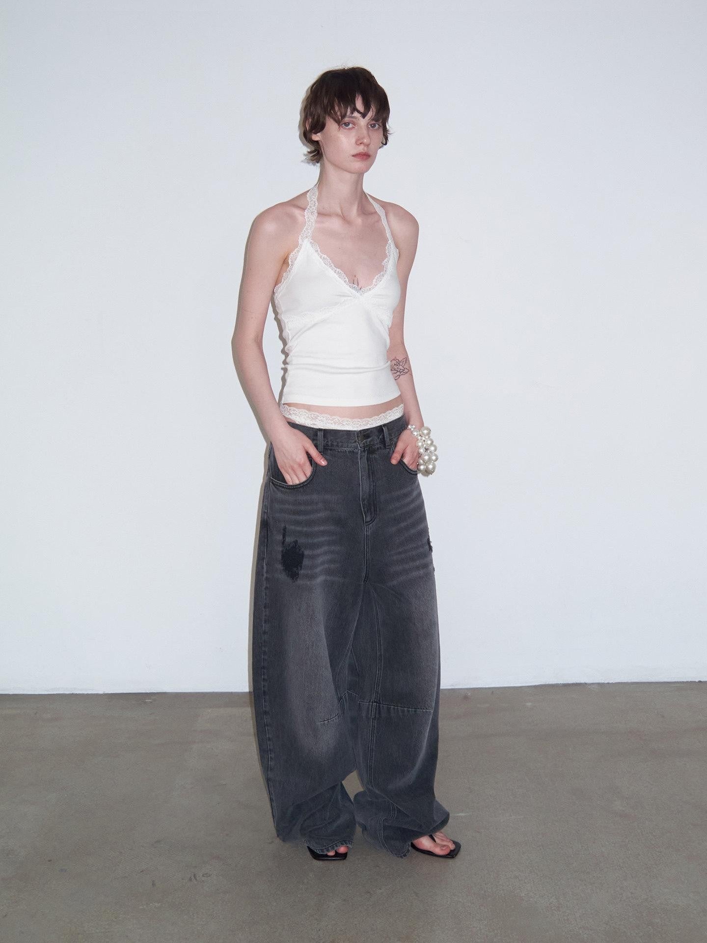 Delivery Washed Black Distressed Patchwork Women&