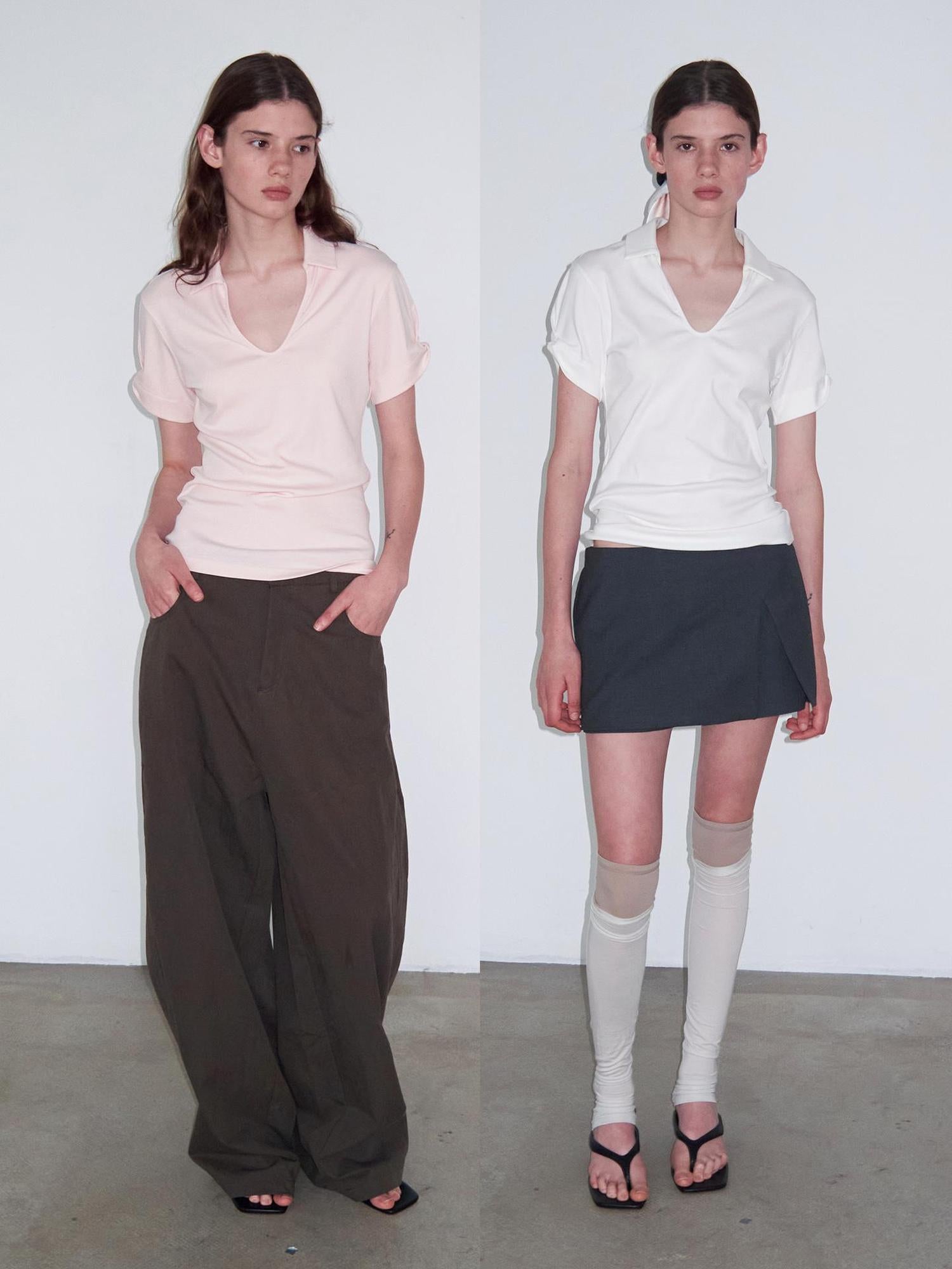 Delivery Women Knit Polo T-shirt With Small Collar White Pink