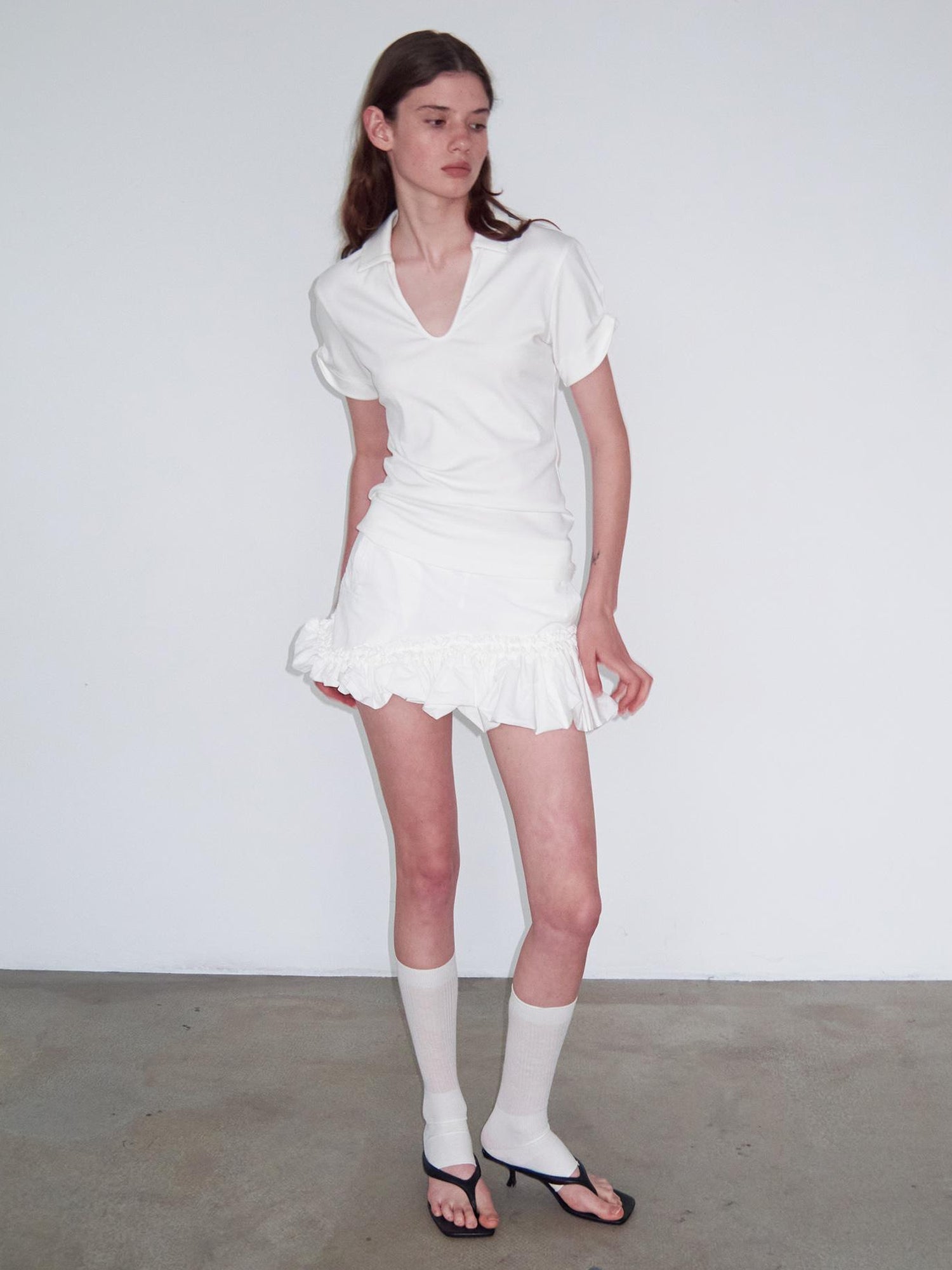 Delivery Women Knit Polo T-shirt With Small Collar White Pink