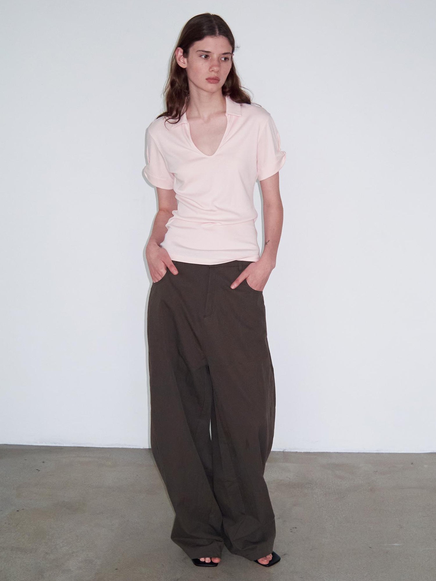 Delivery Women Knit Polo T-shirt With Small Collar White Pink