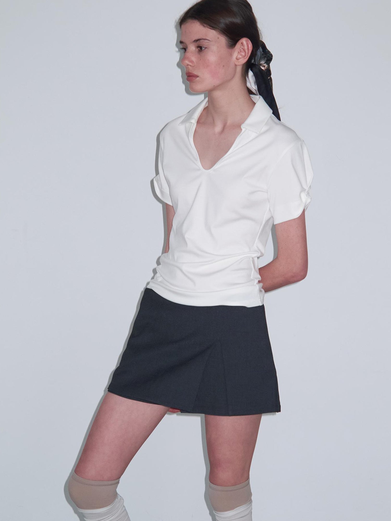 Delivery Women Knit Polo T-shirt With Small Collar White Pink