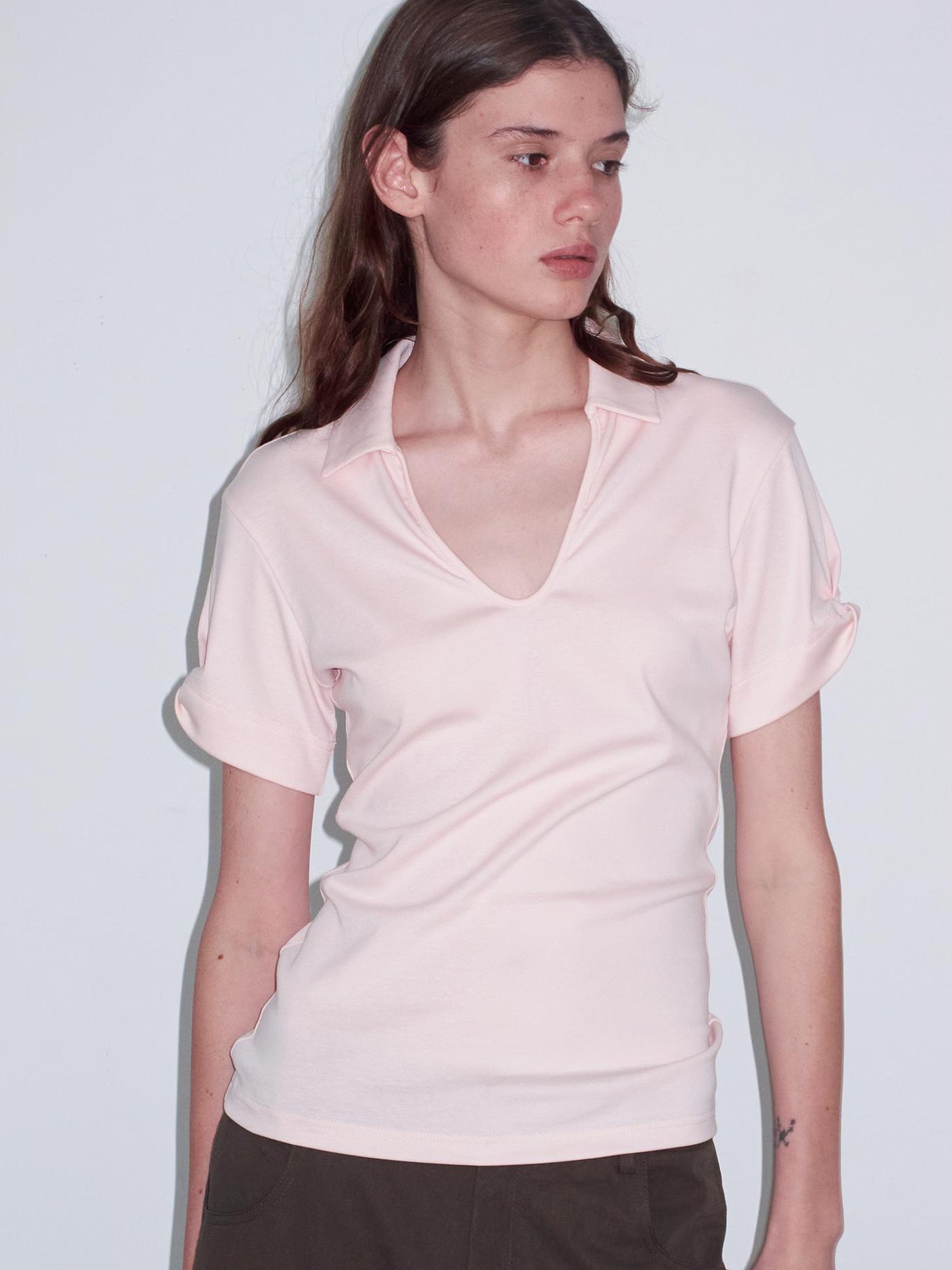 Delivery Women Knit Polo T-shirt With Small Collar White Pink
