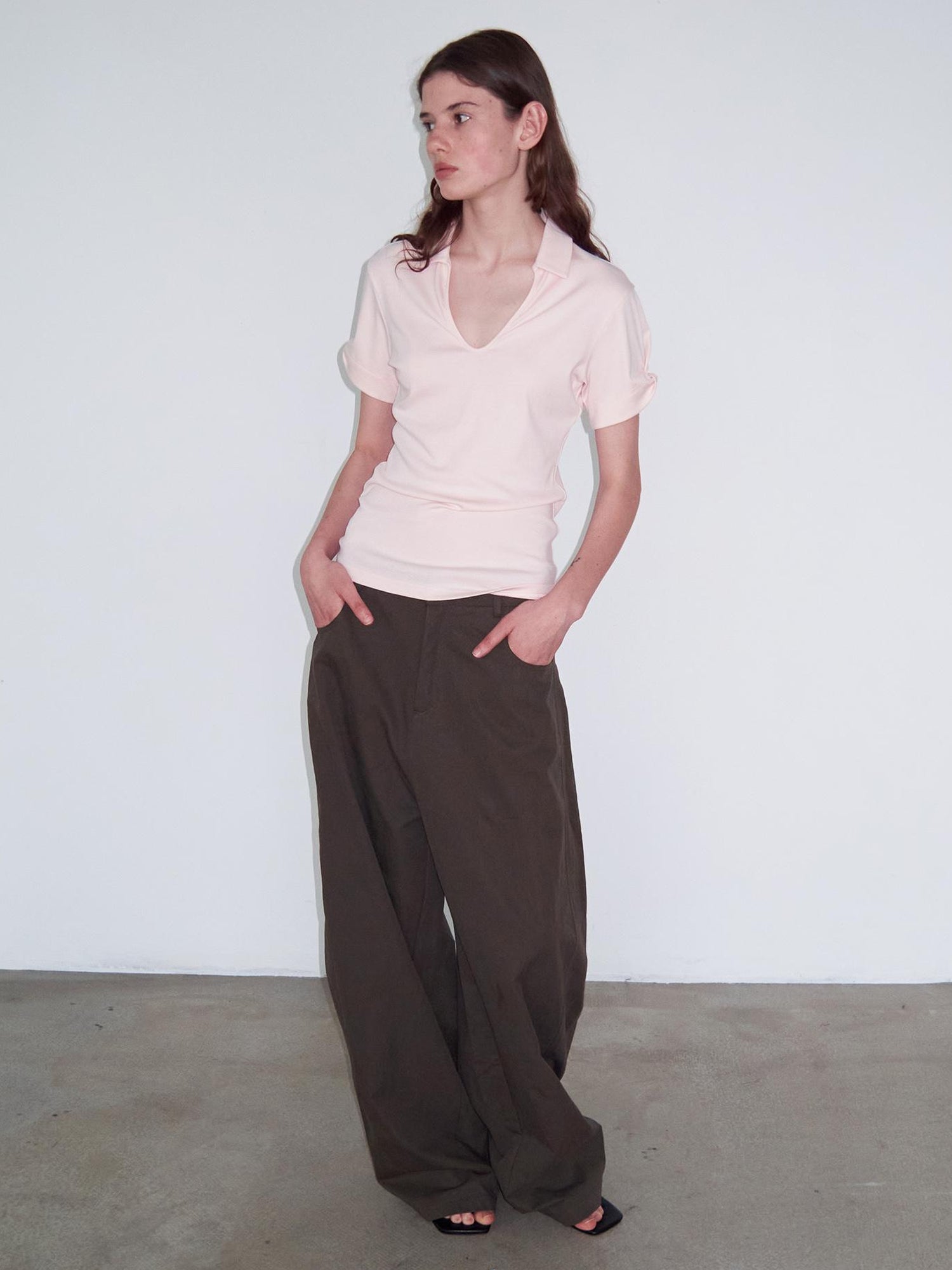 Delivery Women Knit Polo T-shirt With Small Collar White Pink