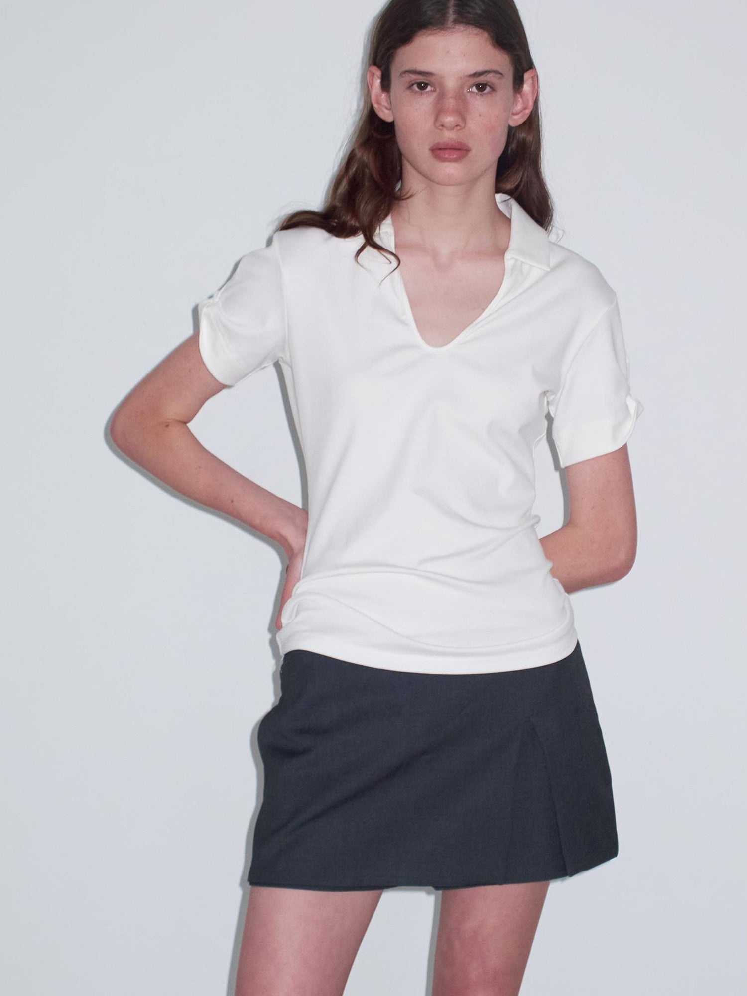 Delivery Women Knit Polo T-shirt With Small Collar White Pink