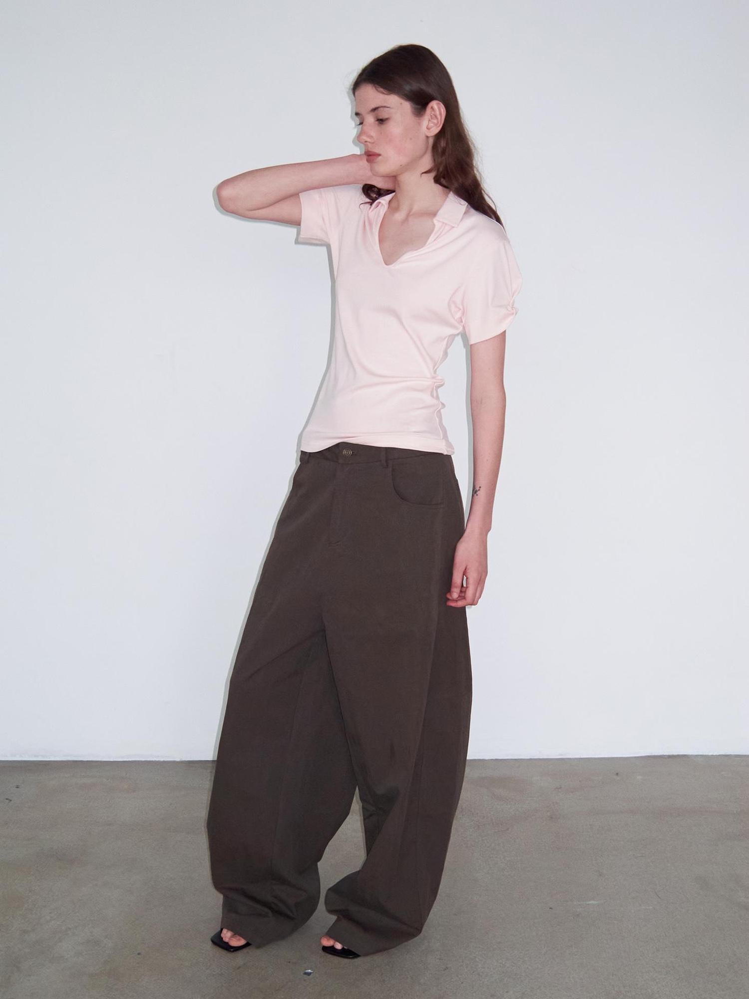 Delivery Women Knit Polo T-shirt With Small Collar White Pink