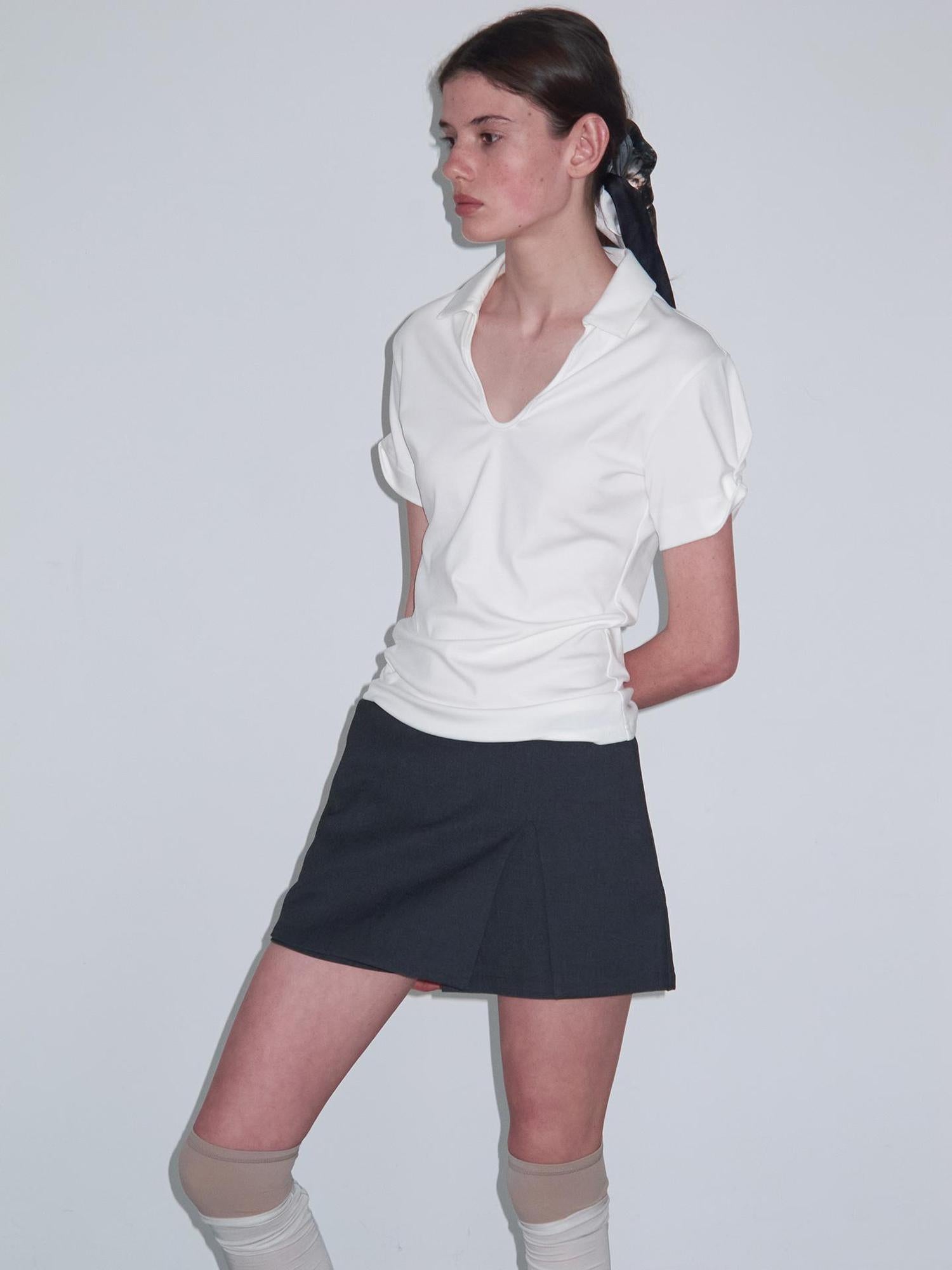 Delivery Women Knit Polo T-shirt With Small Collar White Pink