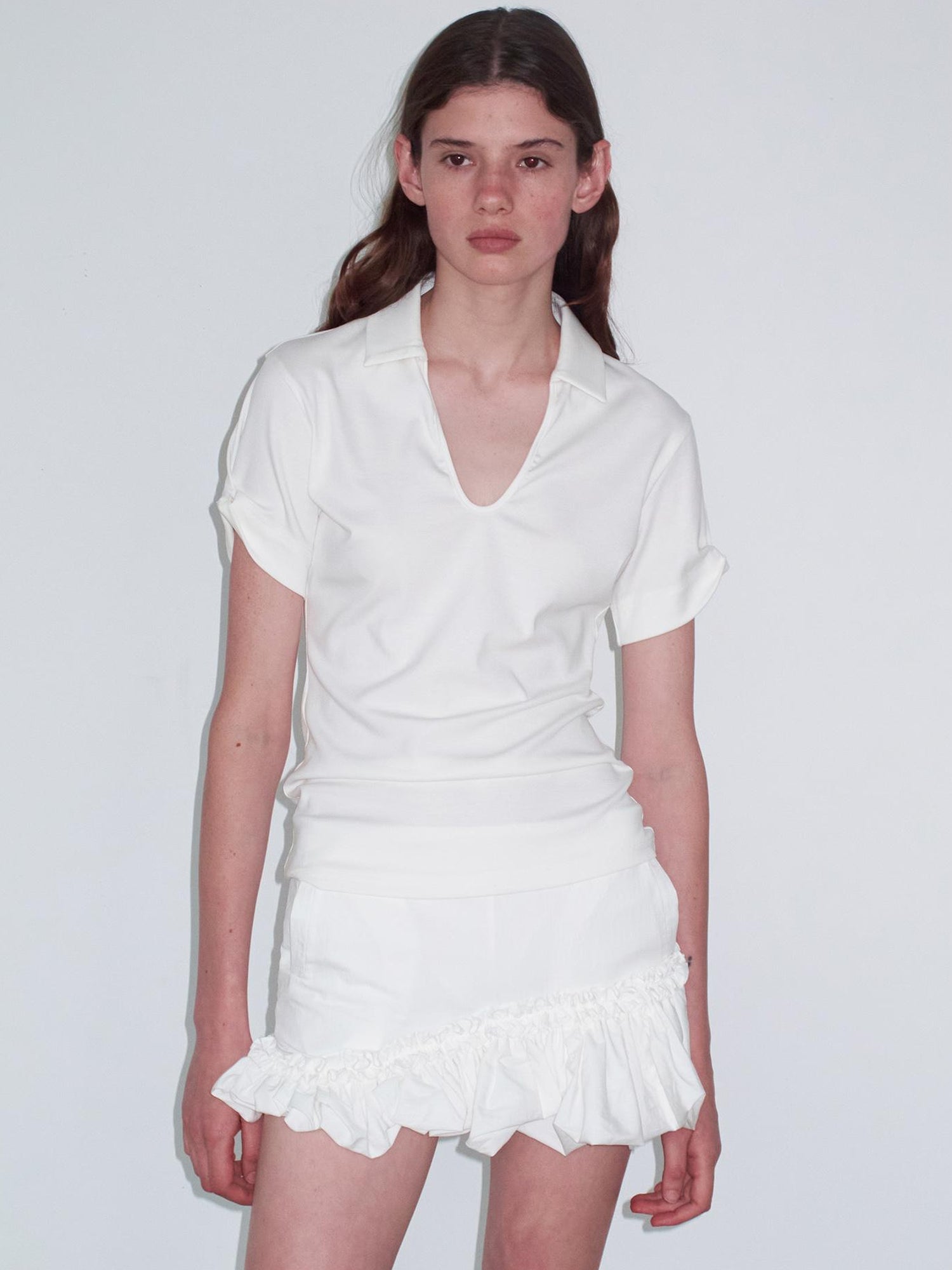 Delivery Women Knit Polo T-shirt With Small Collar White Pink