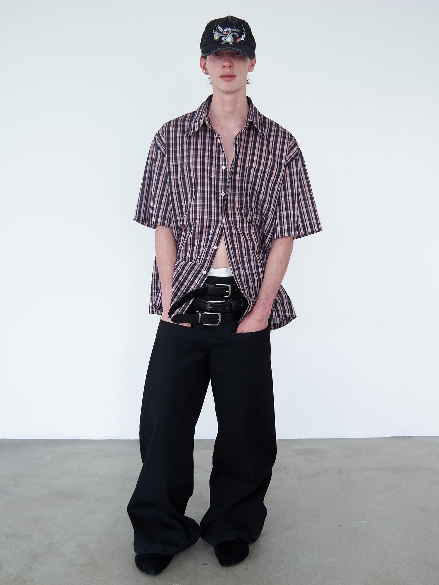 Delivery Woven Black Silver Plaid Linen Short Sleeve Shirt