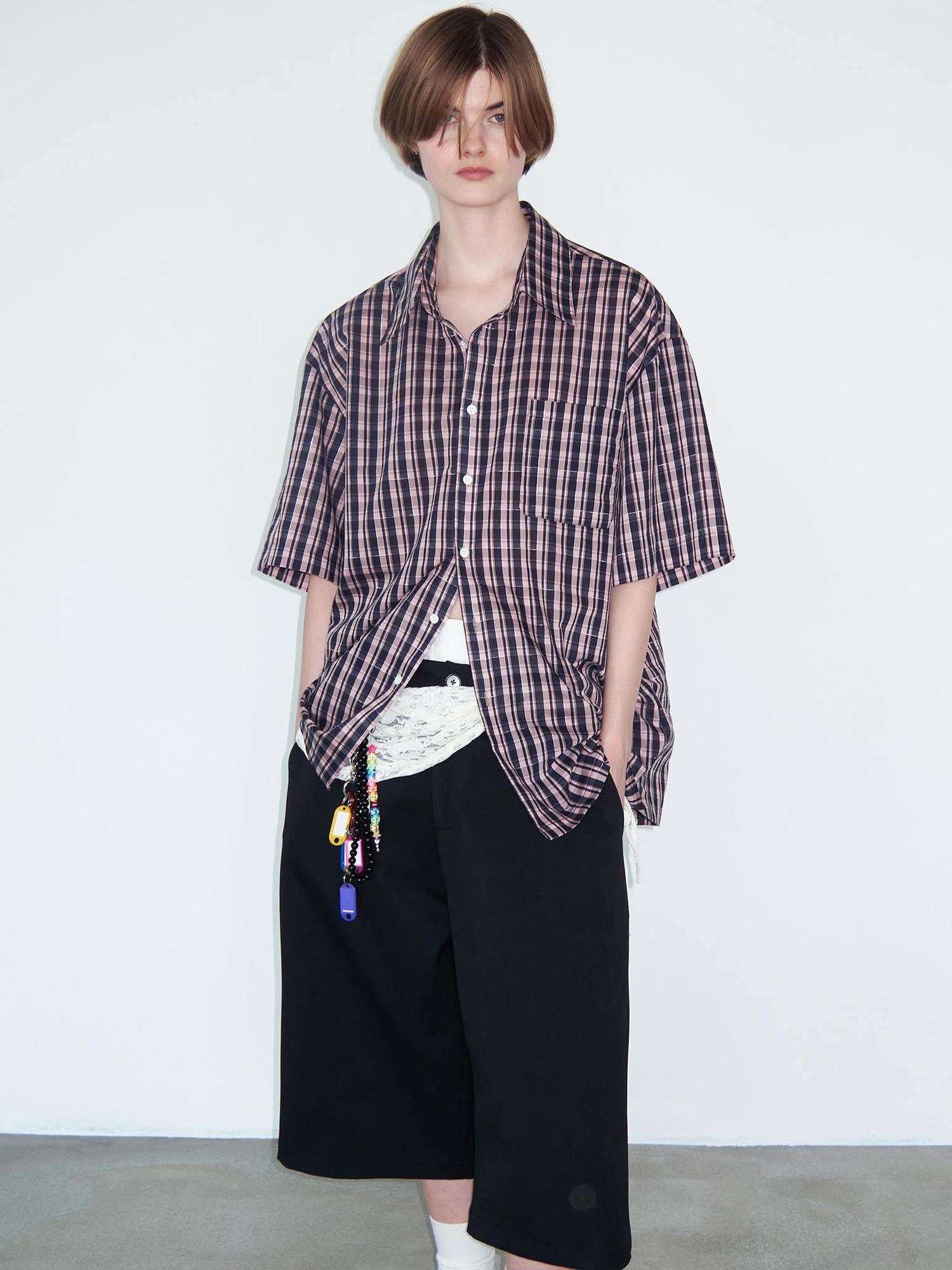 Delivery Woven Black Silver Plaid Linen Short Sleeve Shirt