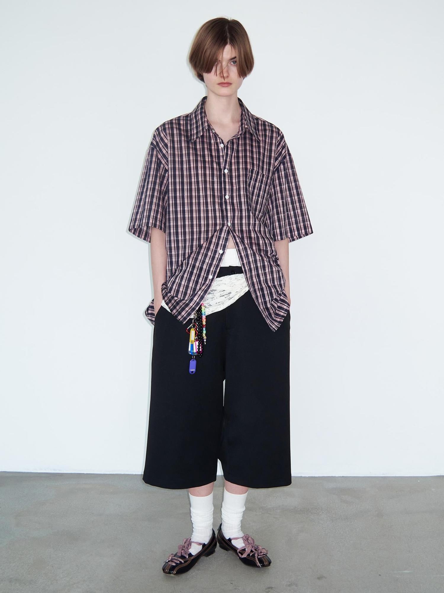 Delivery Woven Black Silver Plaid Linen Short Sleeve Shirt