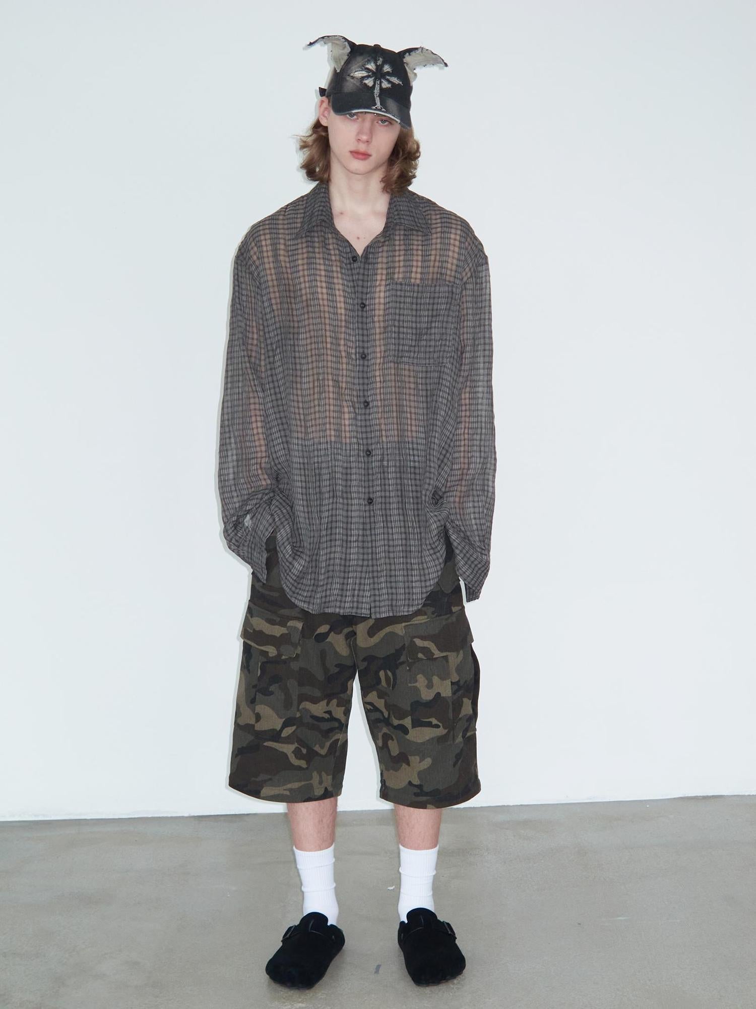 Delivery Wrinkled Gray Checkered Lightweight Sun Protection Shirt