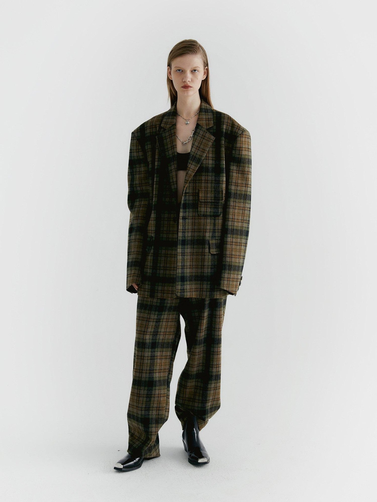 Delivery Yellow Green Vintage Plaid Notched Lapel Two Button Women&
