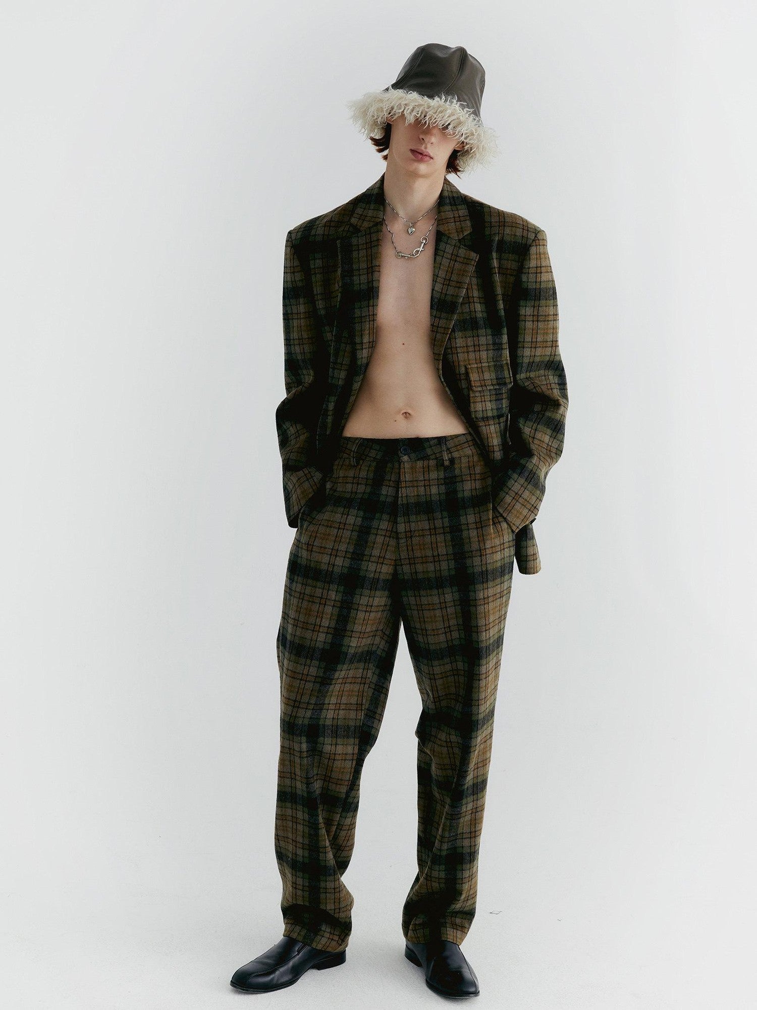 Delivery Yellow Green Vintage Plaid Notched Lapel Two Button Women&