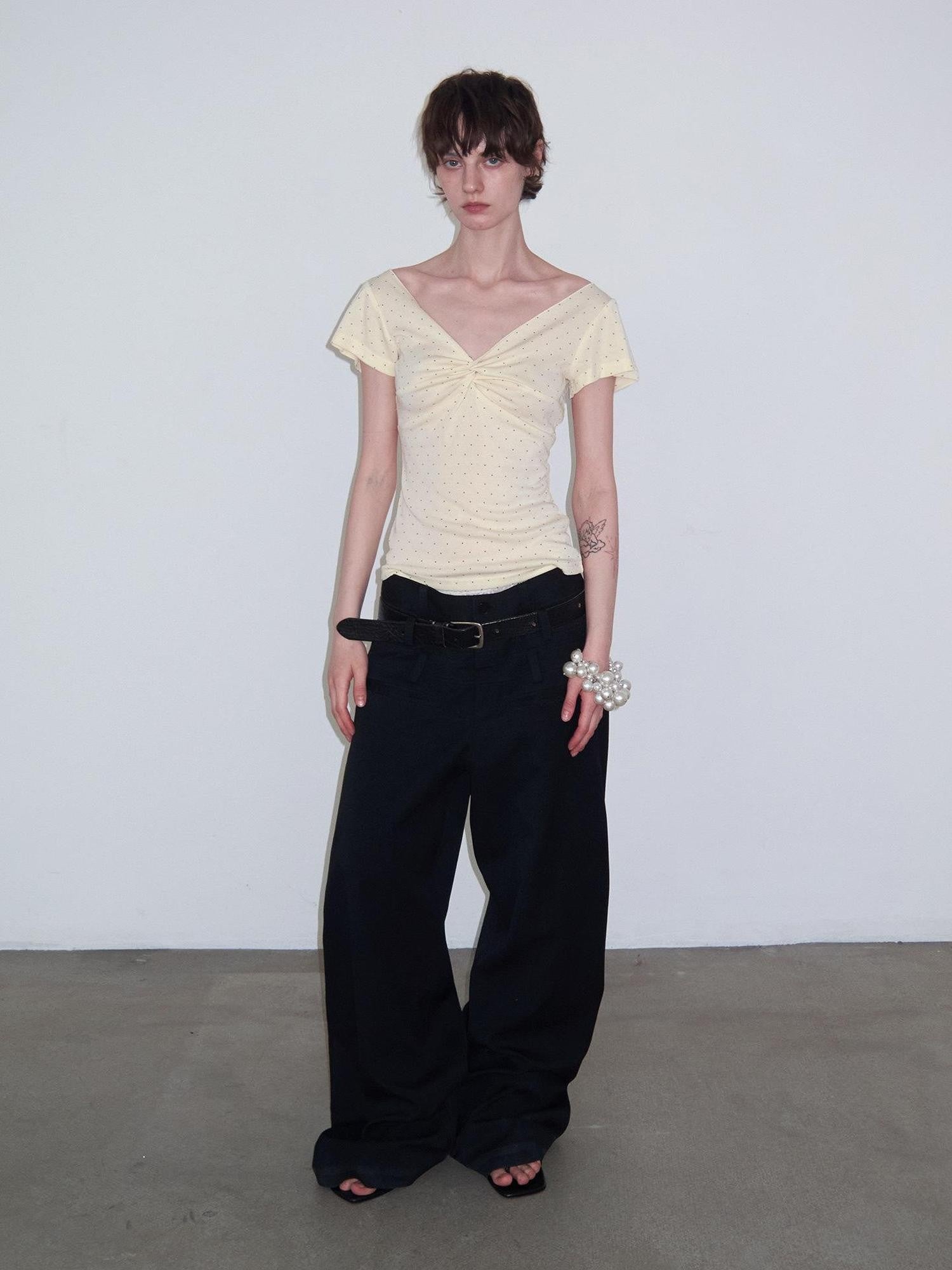 Delivery Yellow Polka Dot V-neck Twist Knot Cap Sleeve Slim Women&