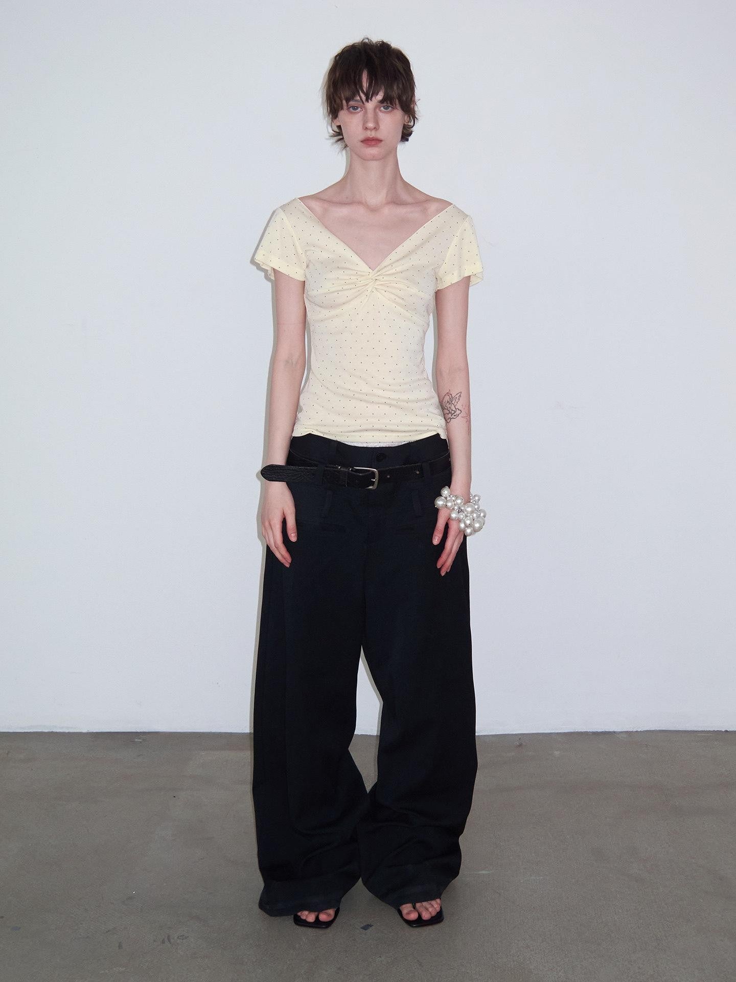 Delivery Yellow Polka Dot V-neck Twist Knot Cap Sleeve Slim Women&