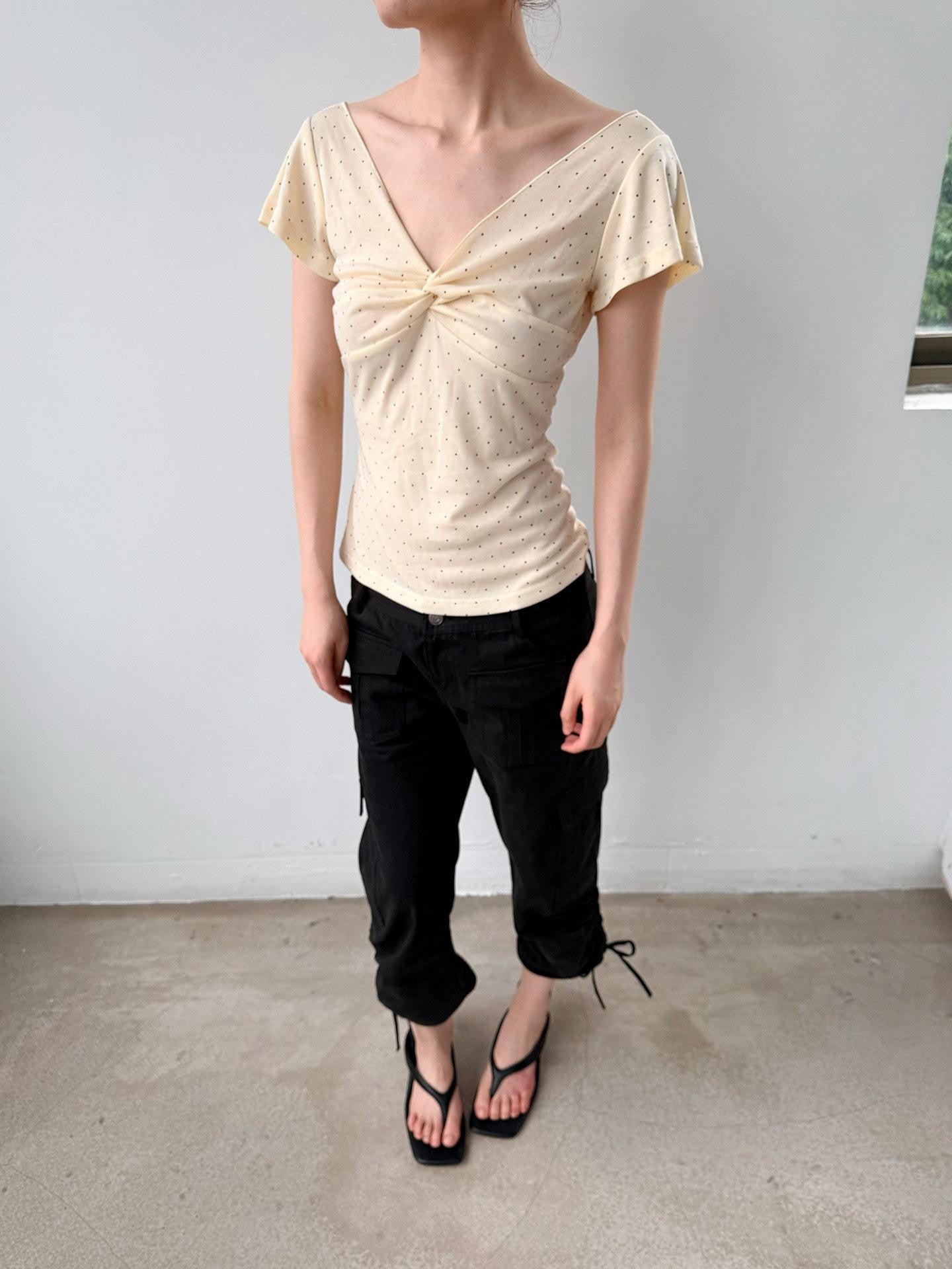 Delivery Yellow Polka Dot V-neck Twist Knot Cap Sleeve Slim Women&