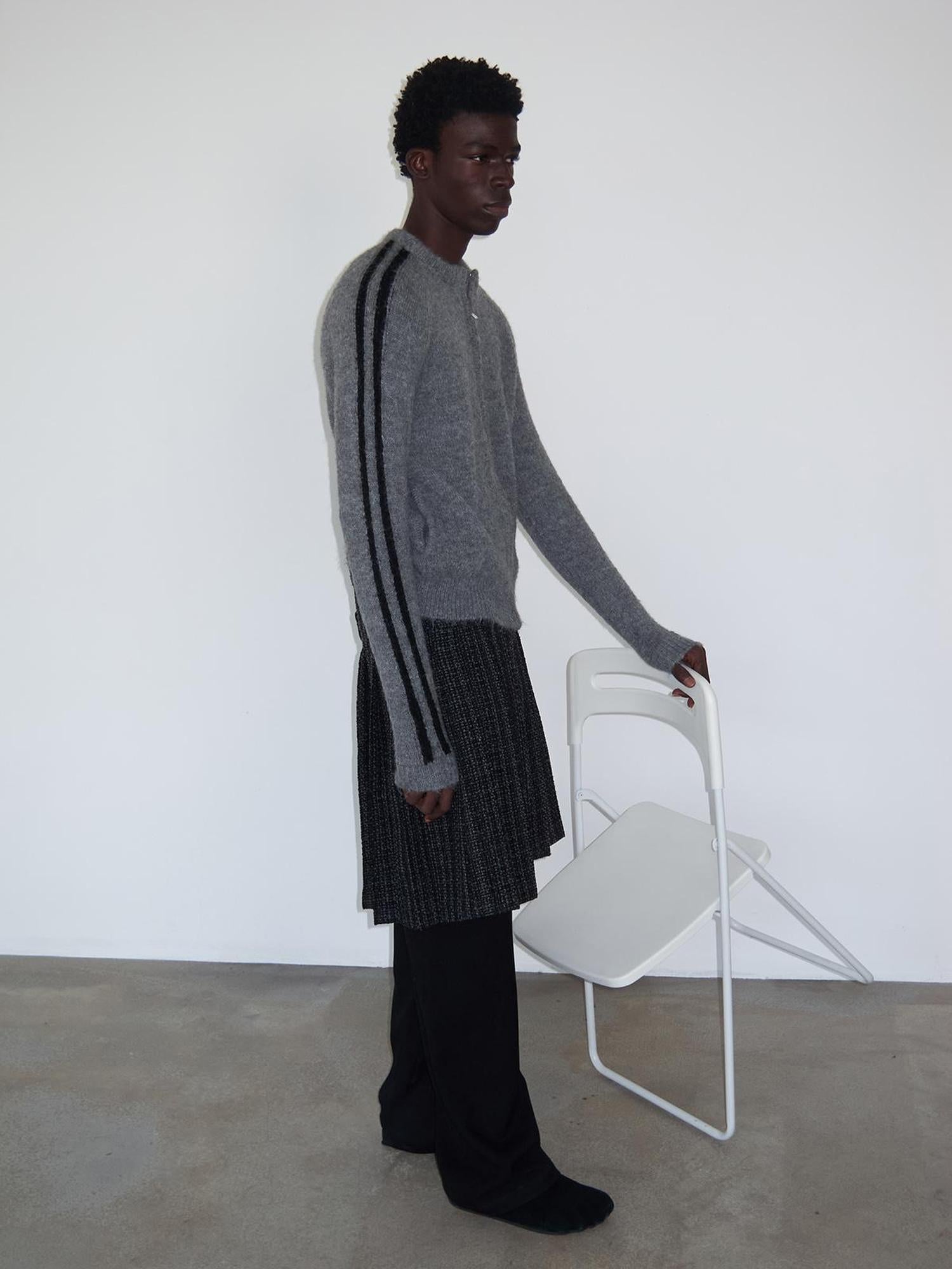 Delivery Zip Front Ribbed Sweater In Gray And Black Stripe