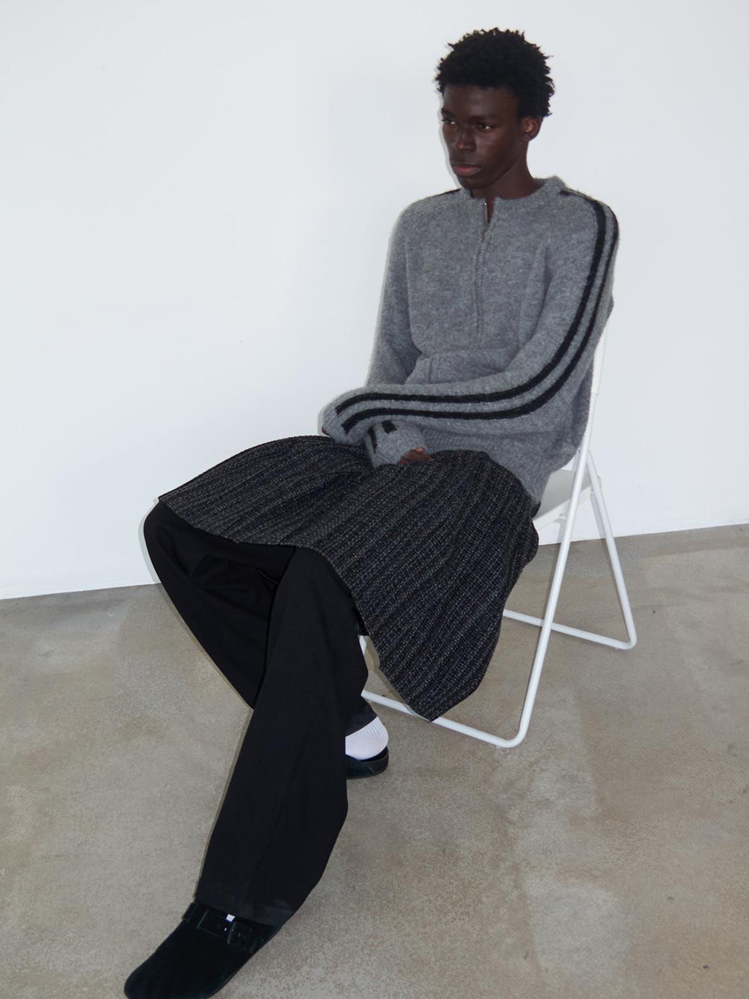Delivery Zip Front Ribbed Sweater In Gray And Black Stripe