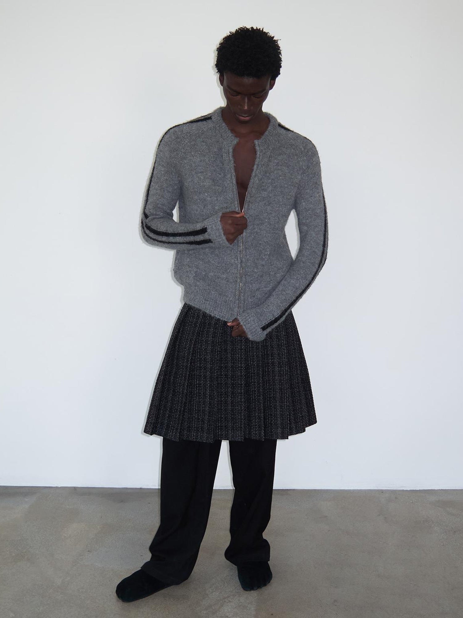 Delivery Zip Front Ribbed Sweater In Gray And Black Stripe