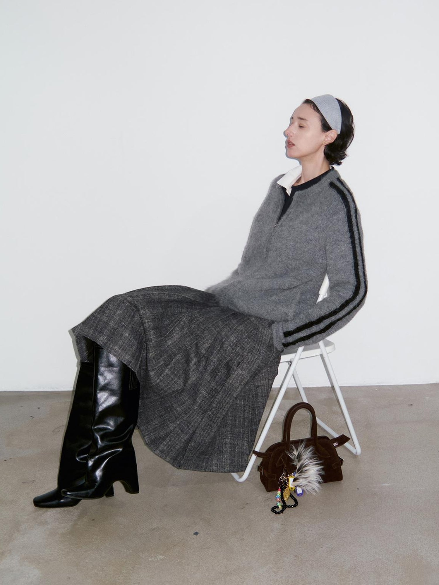 Delivery Zip Front Ribbed Sweater In Gray And Black Stripe