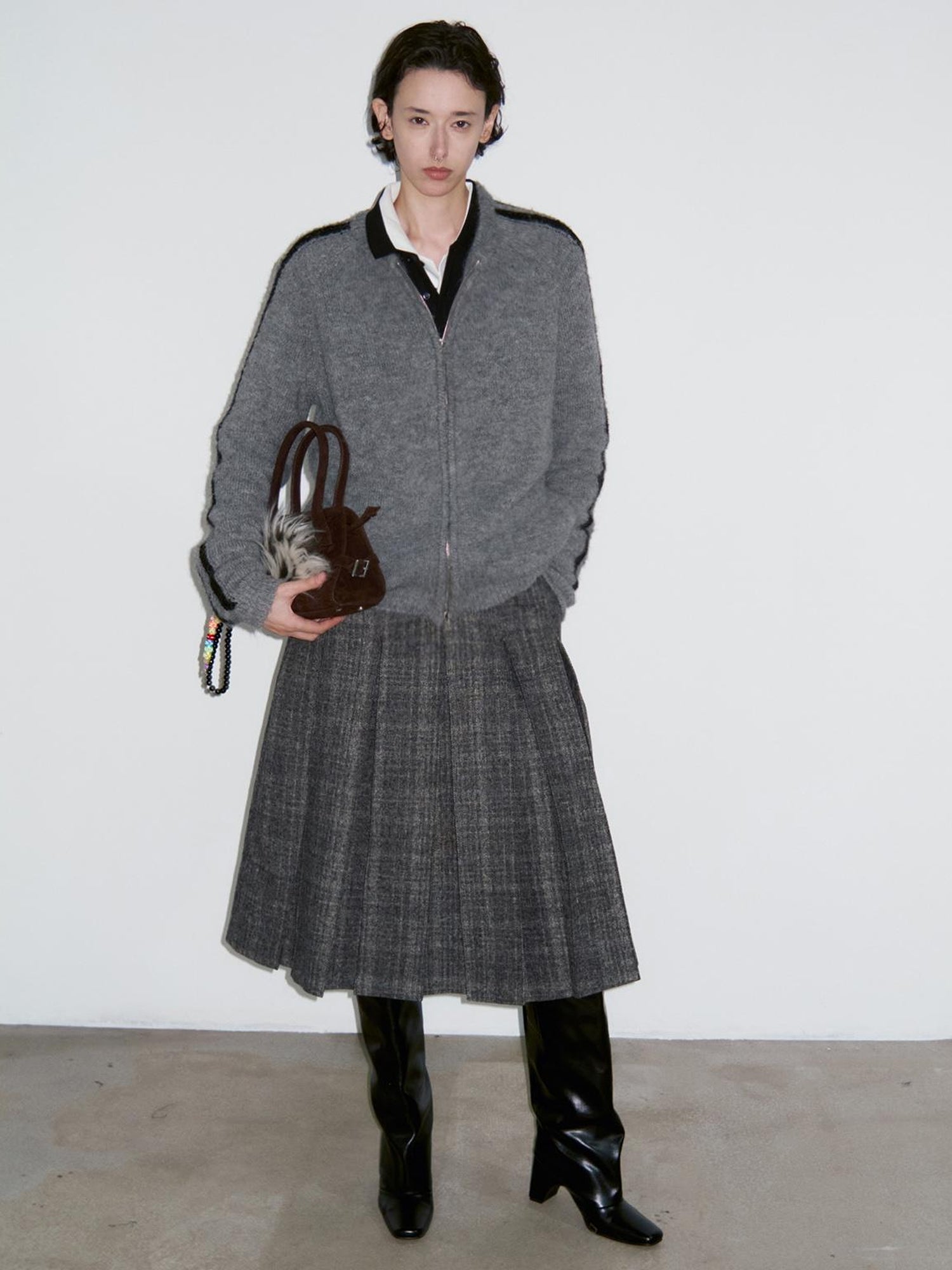 Delivery Zip Front Ribbed Sweater In Gray And Black Stripe