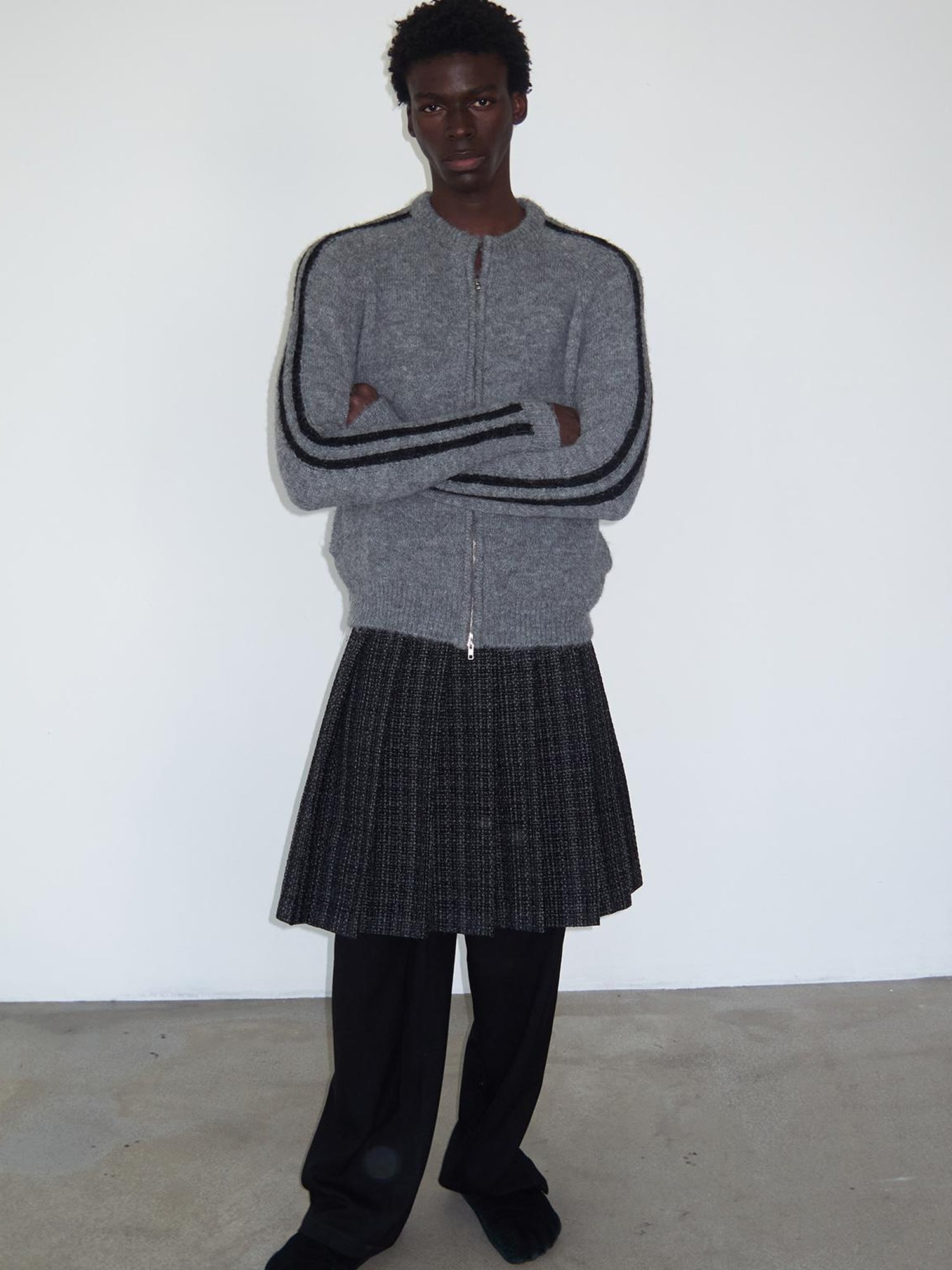 Delivery Zip Front Ribbed Sweater In Gray And Black Stripe