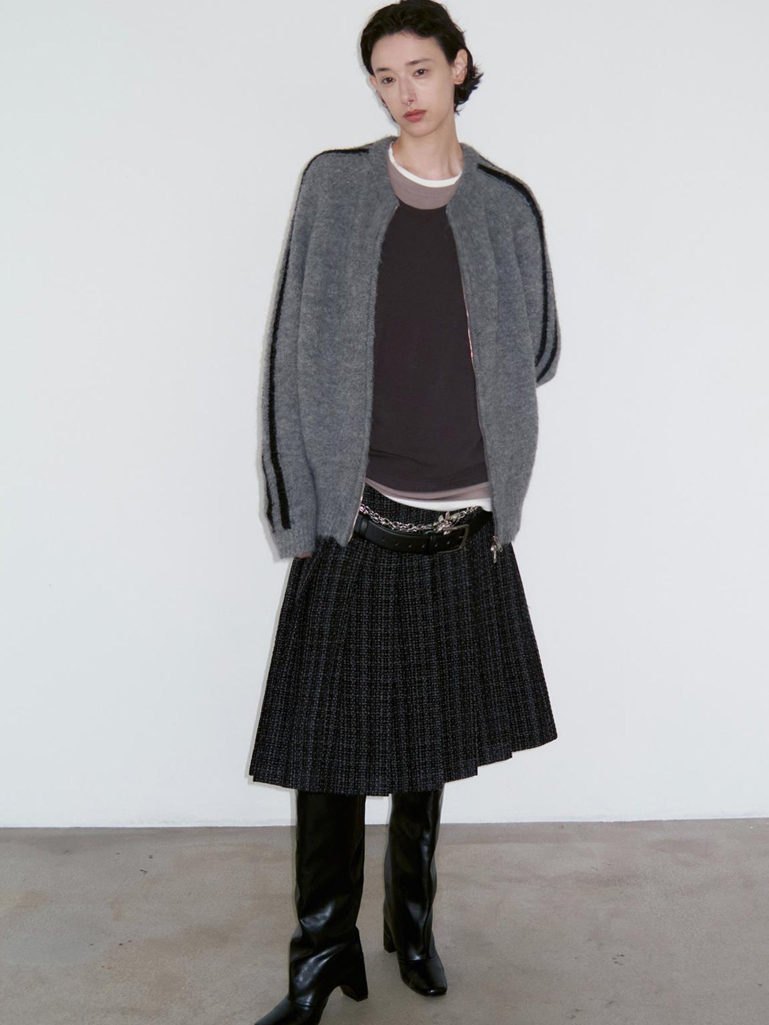 Delivery Zip Front Ribbed Sweater In Gray And Black Stripe