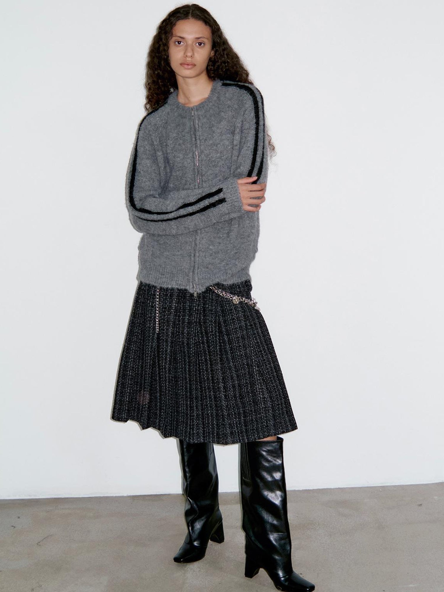 Delivery Zip Front Ribbed Sweater In Gray And Black Stripe