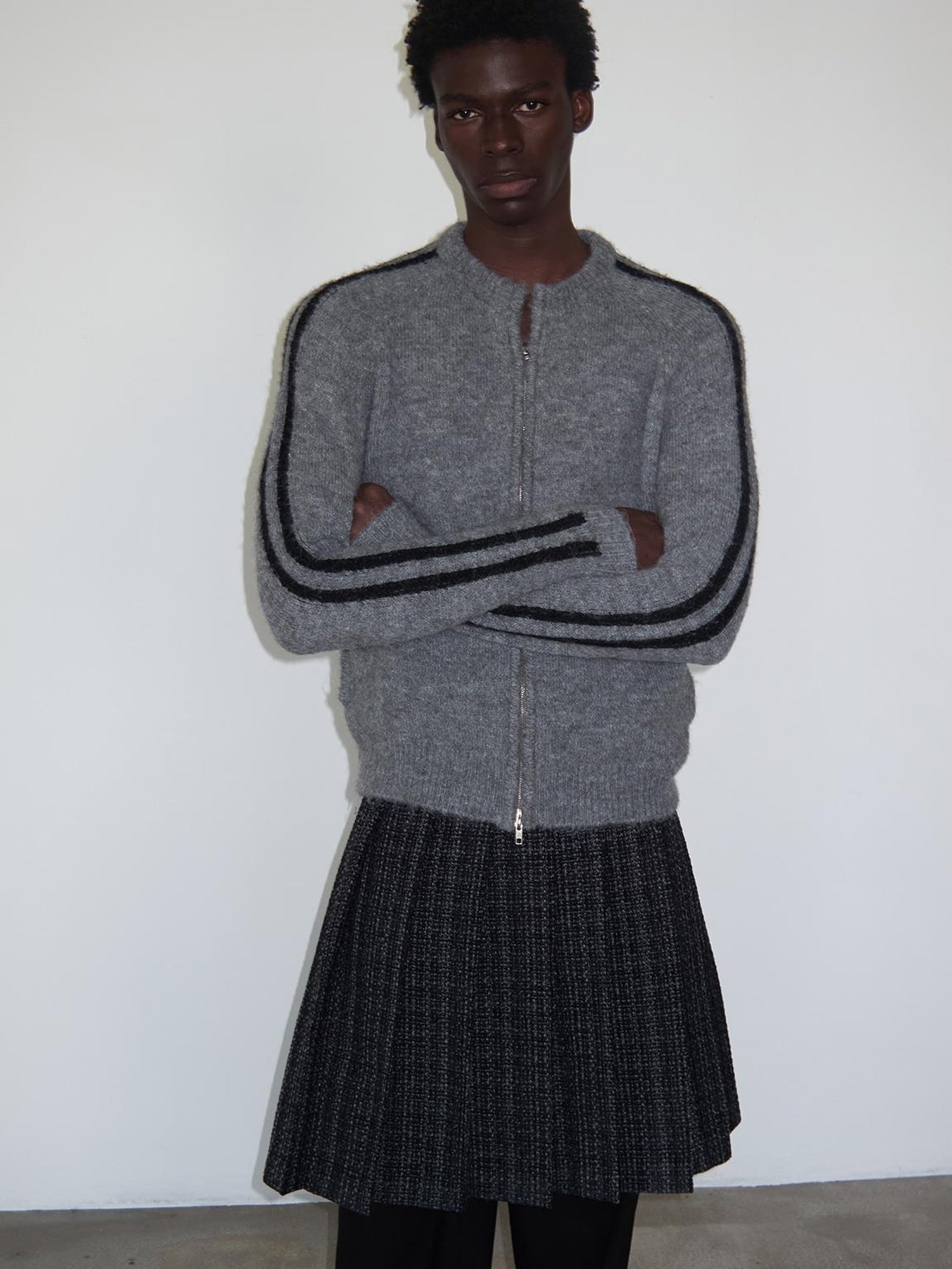 Delivery Zip Front Ribbed Sweater In Gray And Black Stripe