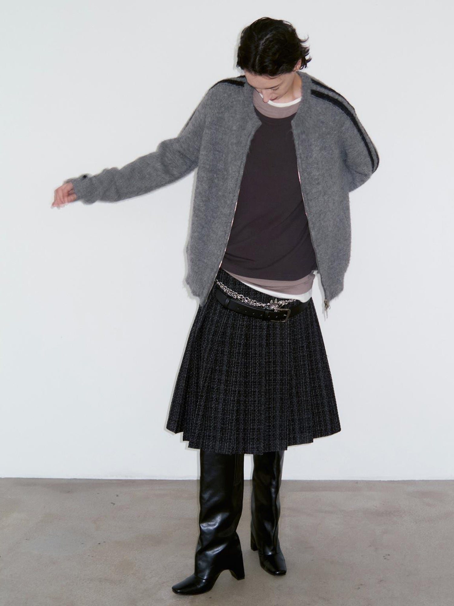 Delivery Zip Front Ribbed Sweater In Gray And Black Stripe