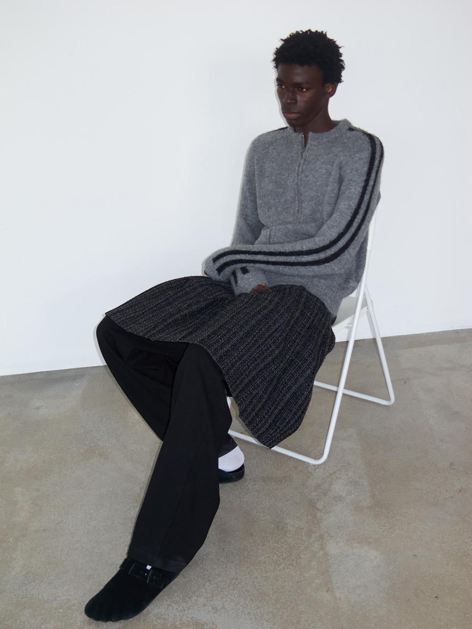 Delivery Zip Front Ribbed Sweater In Gray And Black Stripe