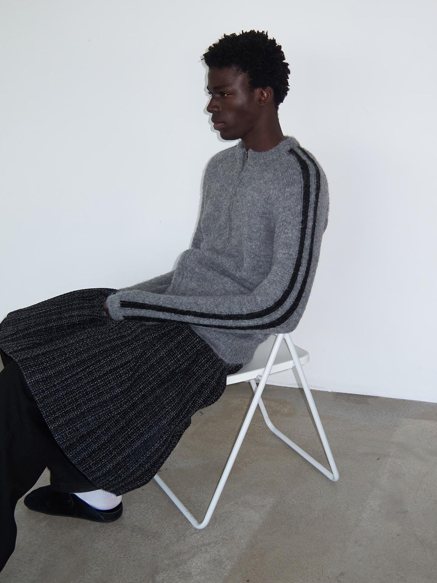 Delivery Zip Front Ribbed Sweater In Gray And Black Stripe