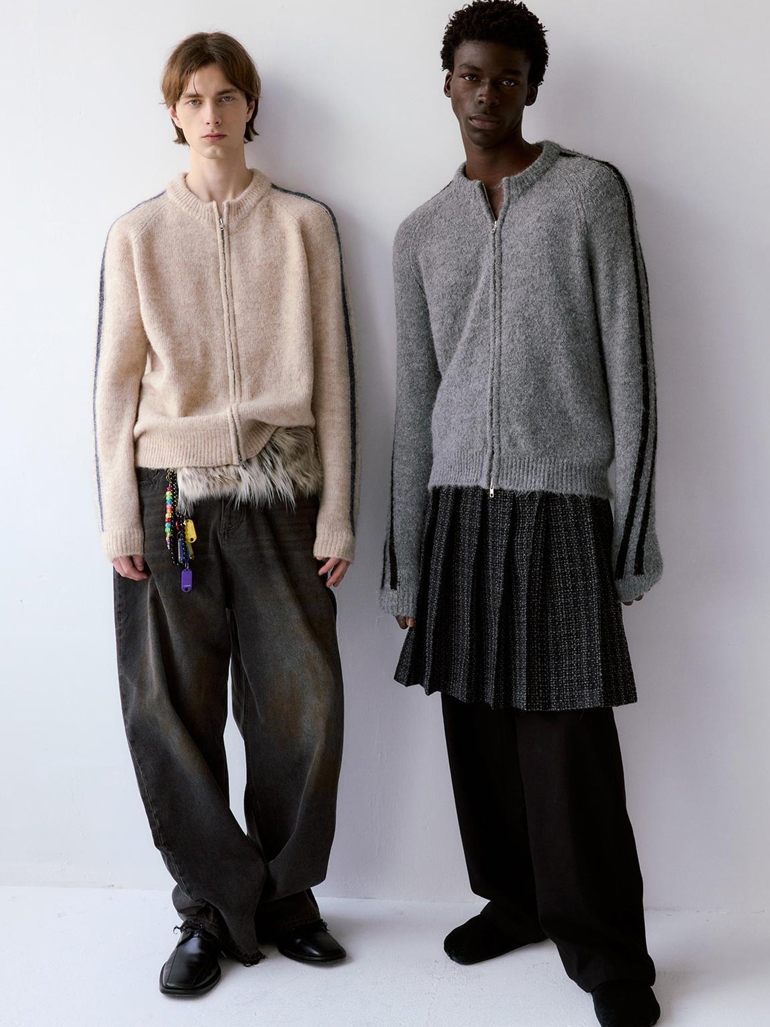 Delivery Zip Front Ribbed Sweater In Gray And Black Stripe