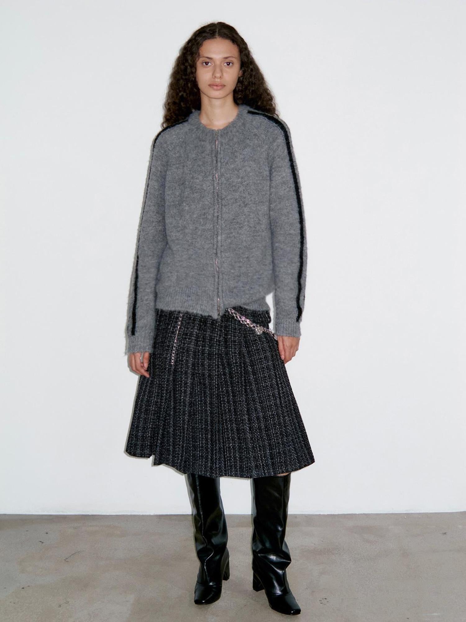 Delivery Zip Front Ribbed Sweater In Gray And Black Stripe