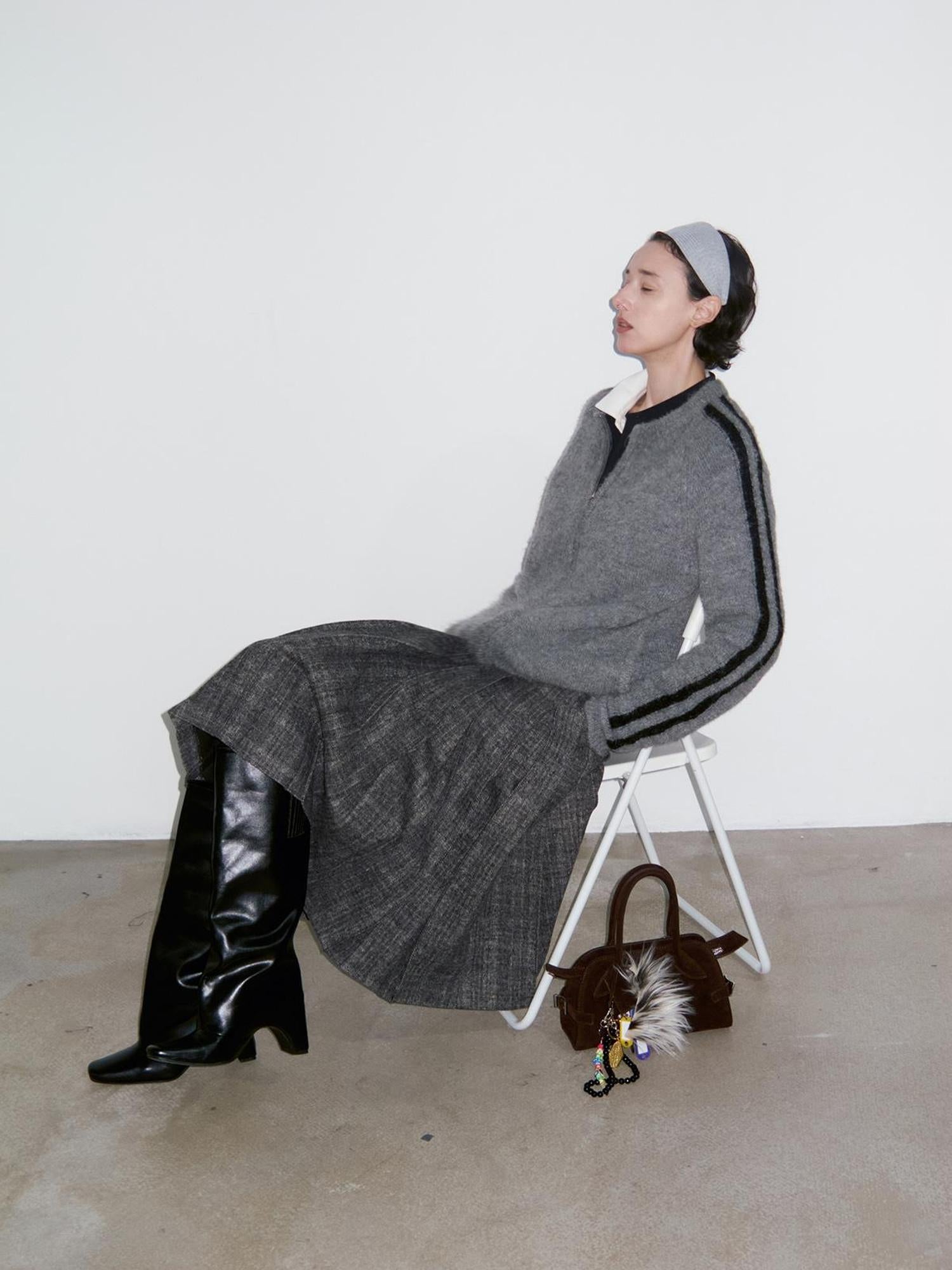 Delivery Zip Front Ribbed Sweater In Gray And Black Stripe