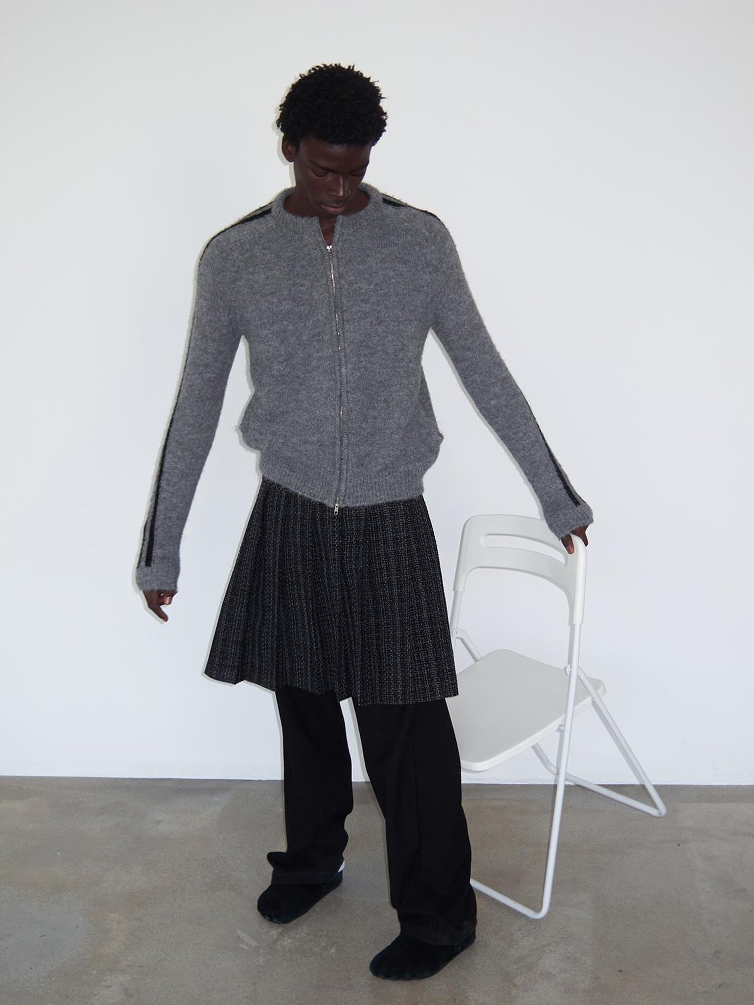 Delivery Zip Front Ribbed Sweater In Gray And Black Stripe