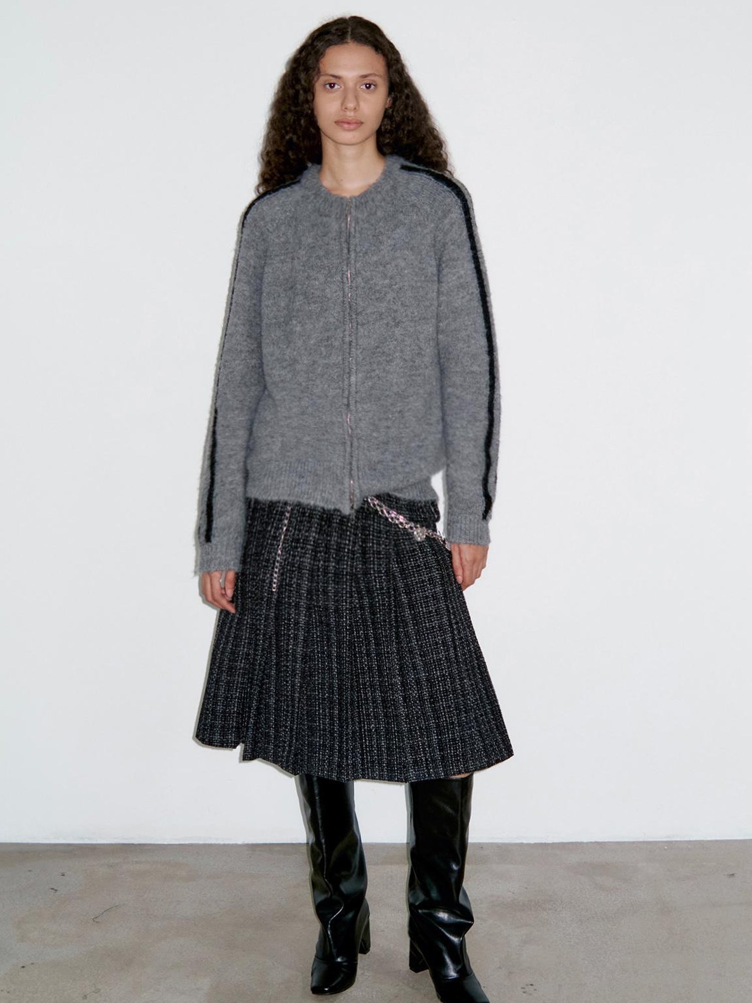 Delivery Zip Front Ribbed Sweater In Gray And Black Stripe