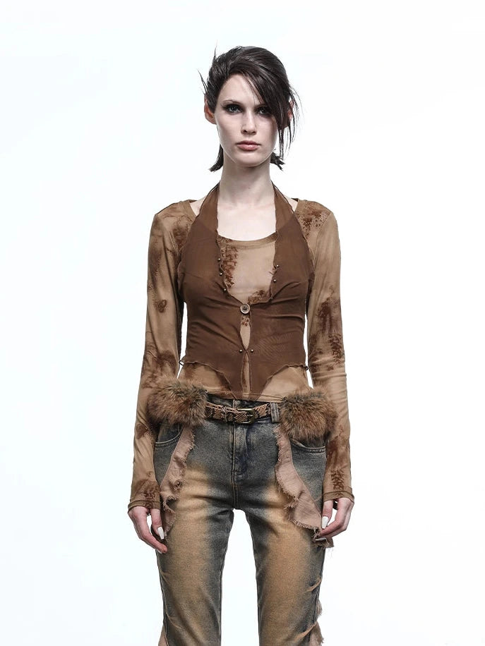 Hooded Layered Mesh Detachable Fringe T-shirt